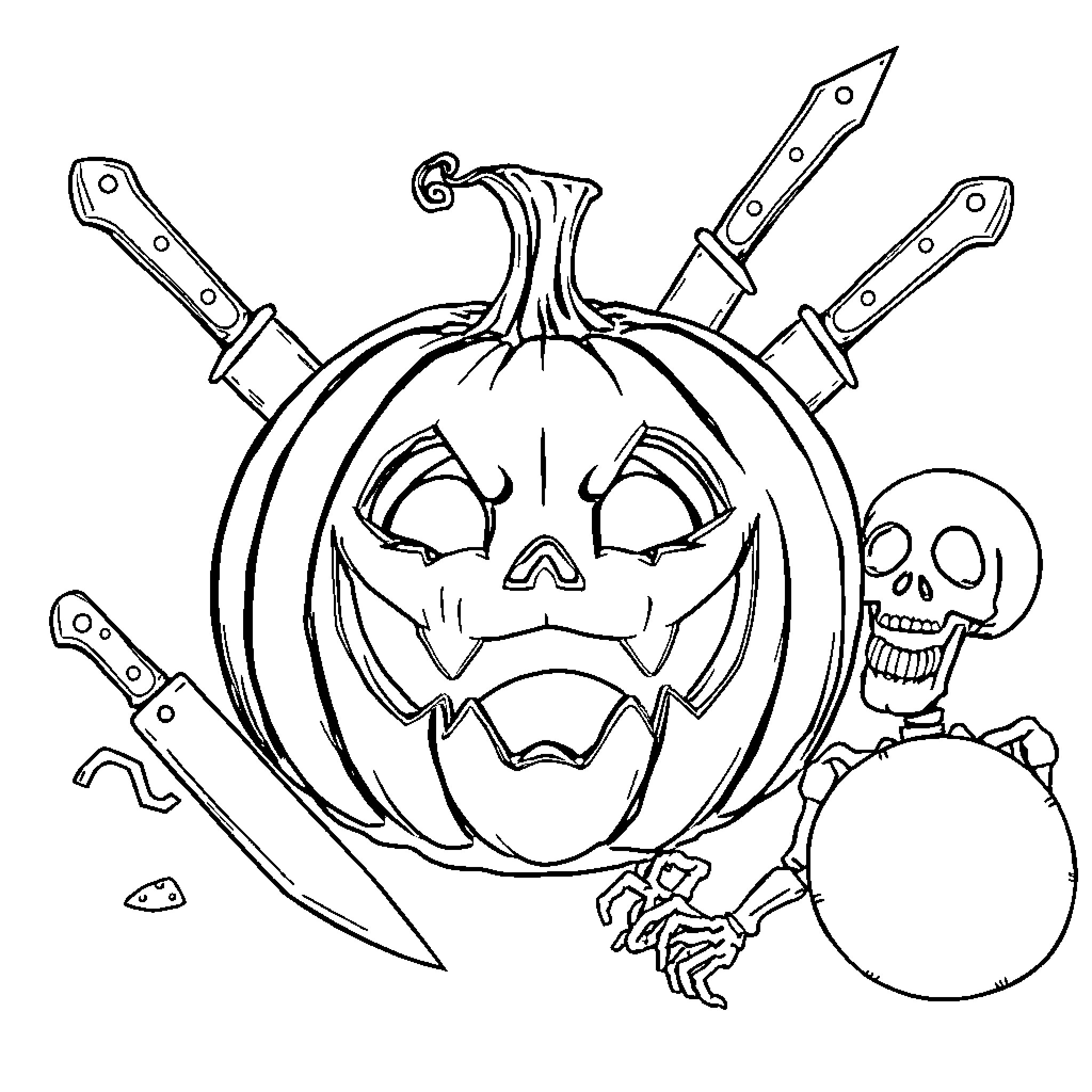 Pumpkin filled with spooky halloween items Coloring Page (free black-and-white line drawing printable PDF for all, from beginners to advanced learners, including children, teens, adults, and seniors)