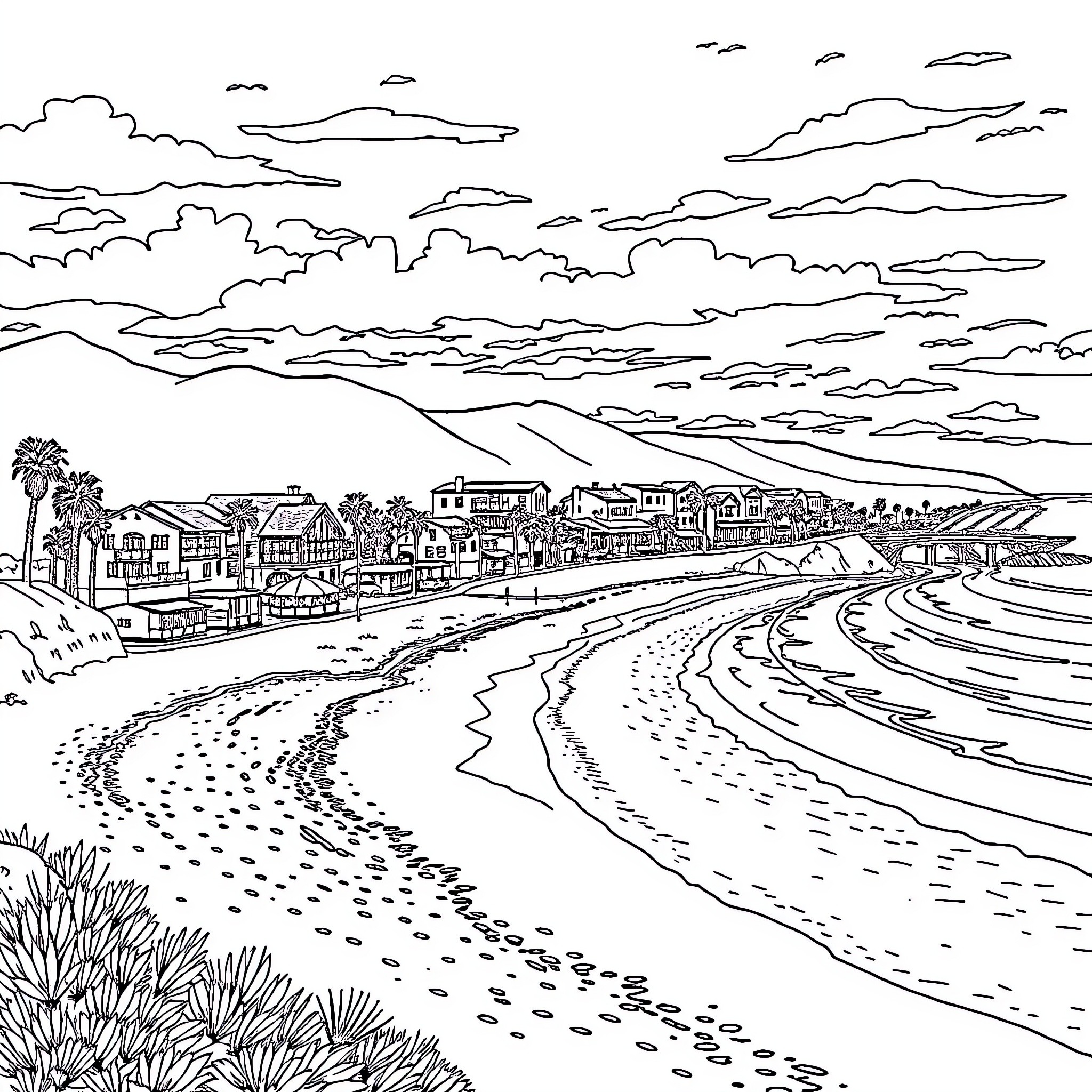 Laguna Beach scenic coastal landscape Coloring Page (free black-and-white line drawing printable PDF for all, from beginners to advanced learners, including children, teens, adults, and seniors)