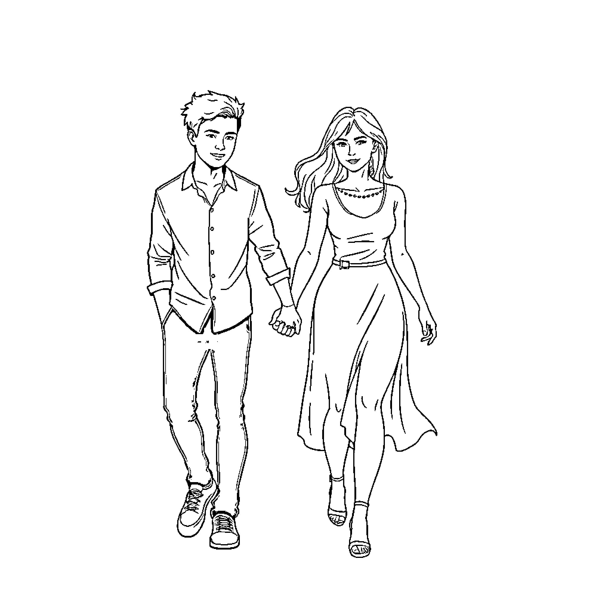Hand-in-hand couple walking together Coloring Page (free black-and-white line drawing printable PDF for all, from beginners to advanced learners, including children, teens, adults, and seniors)