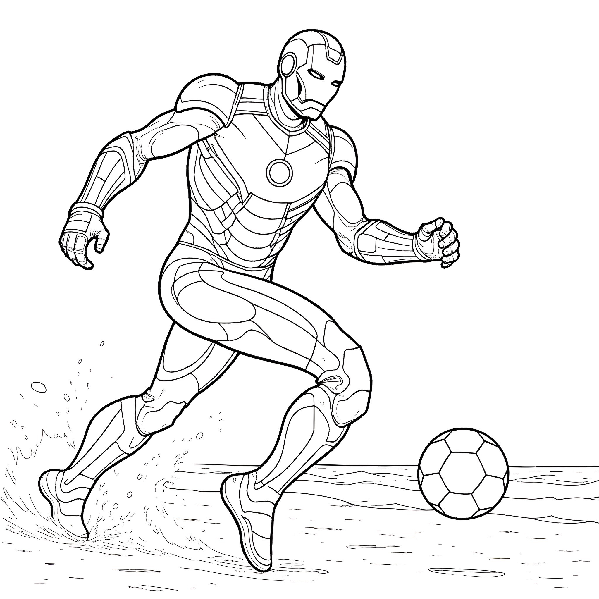 Ironman playing soccer on the beach Coloring Page (free black-and-white line drawing printable PDF for all, from beginners to advanced learners, including children, teens, adults, and seniors)