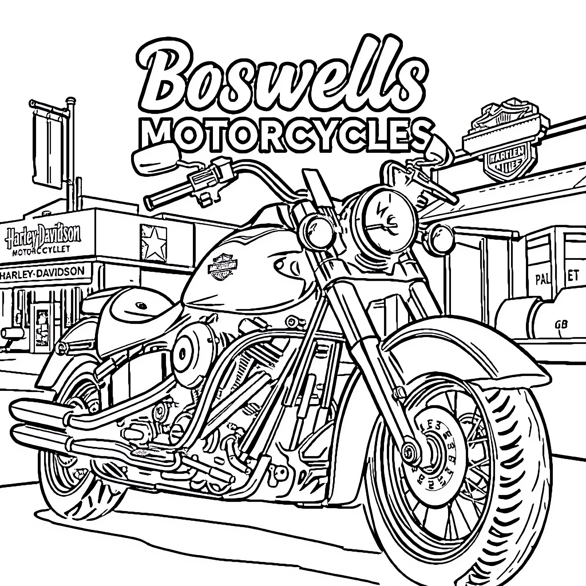Harley Davidson Motorcycle Showcase in Storefront Coloring Page (free black-and-white line drawing printable PDF for all, from beginners to advanced learners, including children, teens, adults, and seniors)