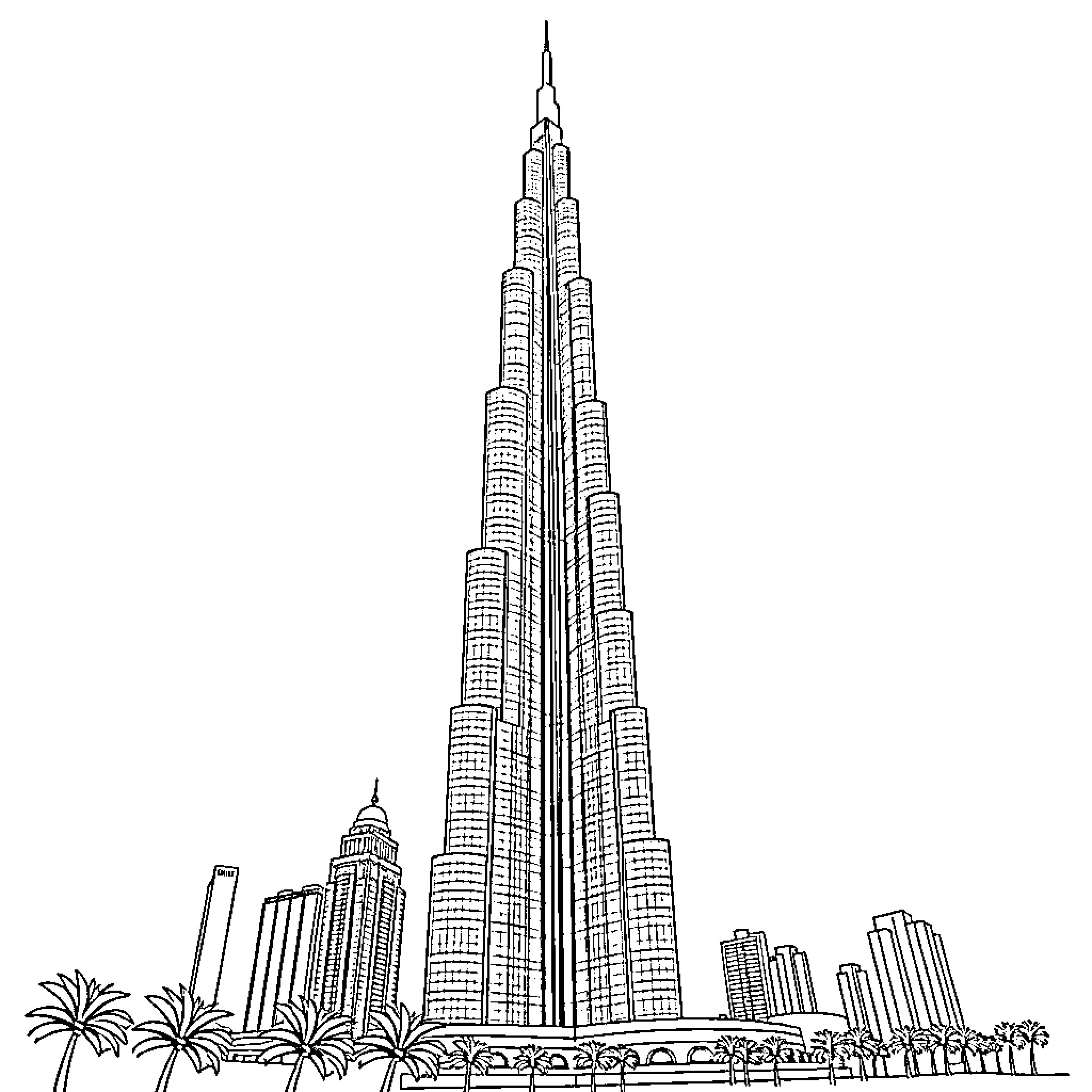 Burj Khalifa, the tallest skyscraper in the world Coloring Page (free black-and-white line drawing printable PDF for all, from beginners to advanced learners, including children, teens, adults, and seniors)