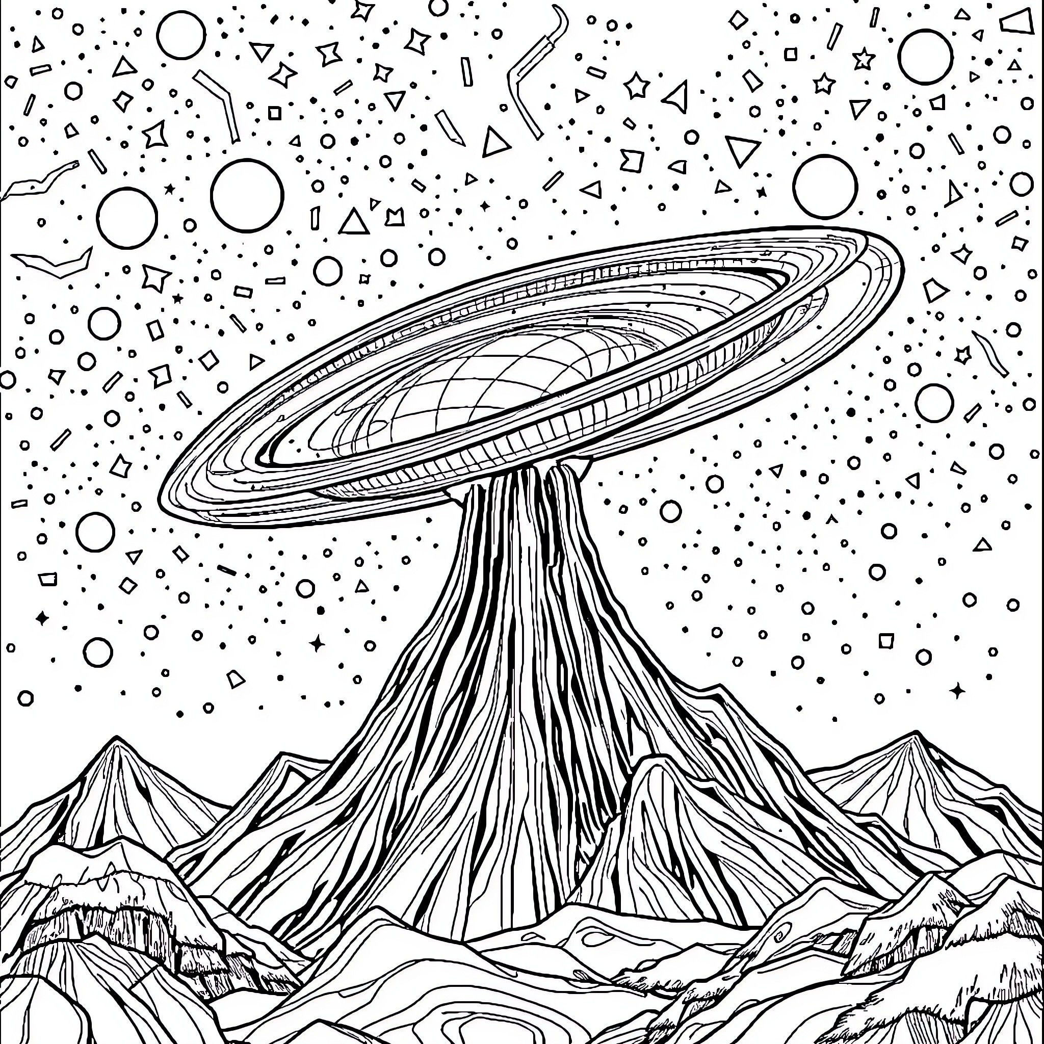 Atlas of Cosmic Landscapes Coloring Page (free black-and-white line drawing printable PDF for all, from beginners to advanced learners, including children, teens, adults, and seniors)