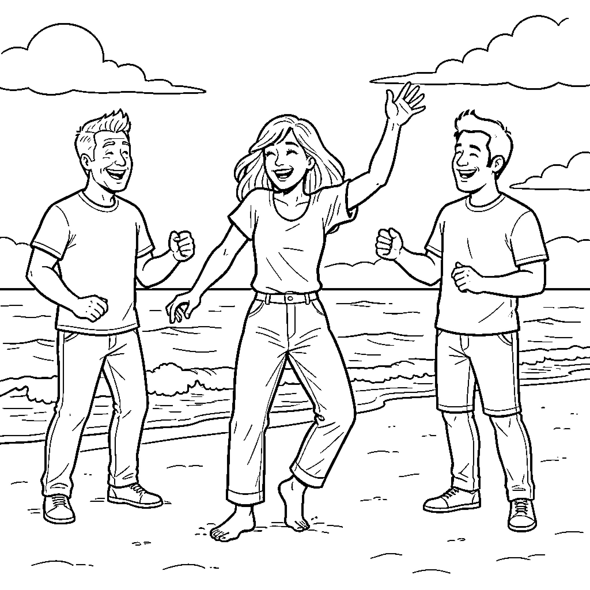 Stevie Wynne Levine friends laughing and dancing on the beach Coloring Page (free black-and-white line drawing printable PDF for all, from beginners to advanced learners, including children, teens, adults, and seniors)