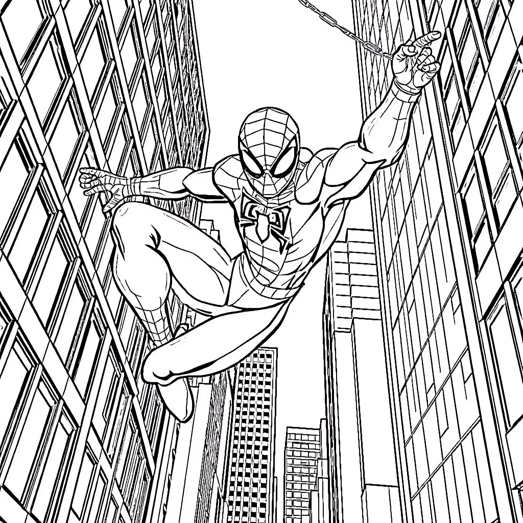 Spiderman swinging through the city skyline Coloring Page (free black-and-white line drawing printable PDF for all, from beginners to advanced learners, including children, teens, adults, and seniors)