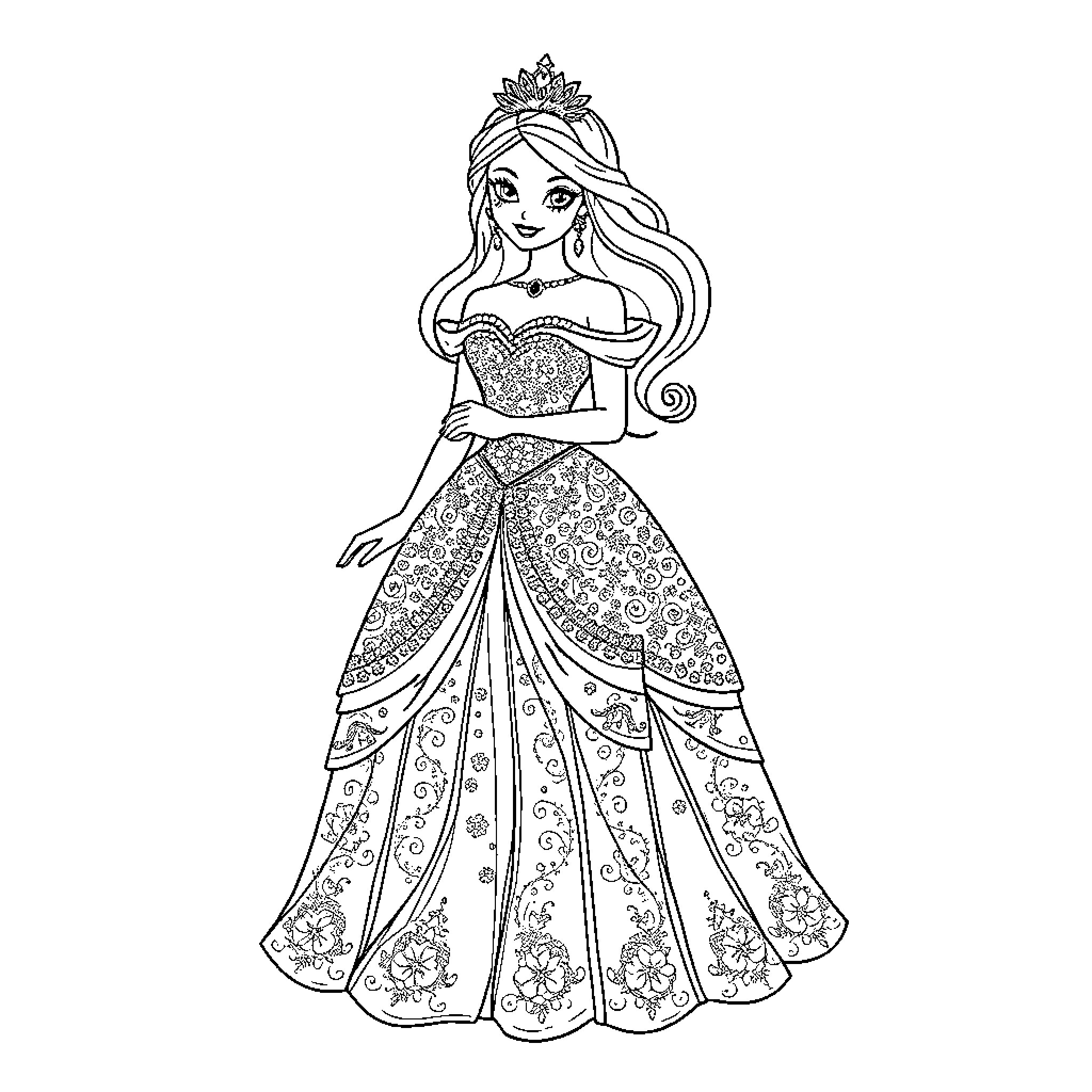 Princess in Detailed Floral Gown and Tiara Coloring Page (free black-and-white line drawing printable PDF for all, from beginners to advanced learners, including children, teens, adults, and seniors)