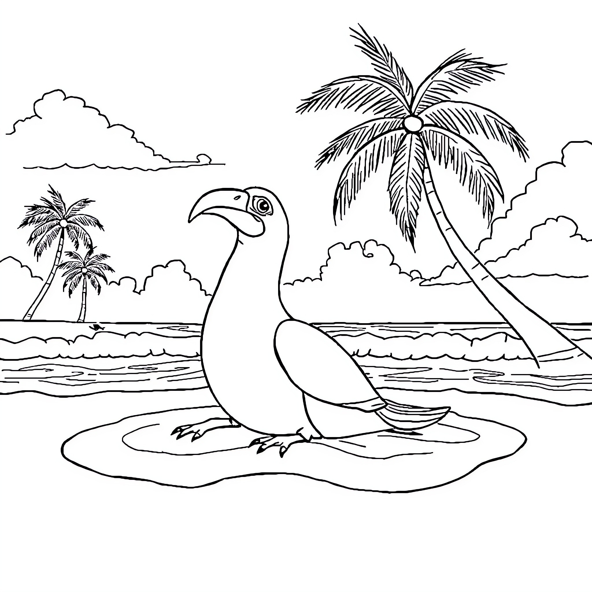 Joker bird enjoying tropical beach scenery Coloring Page (free black-and-white line drawing printable PDF for all, from beginners to advanced learners, including children, teens, adults, and seniors)