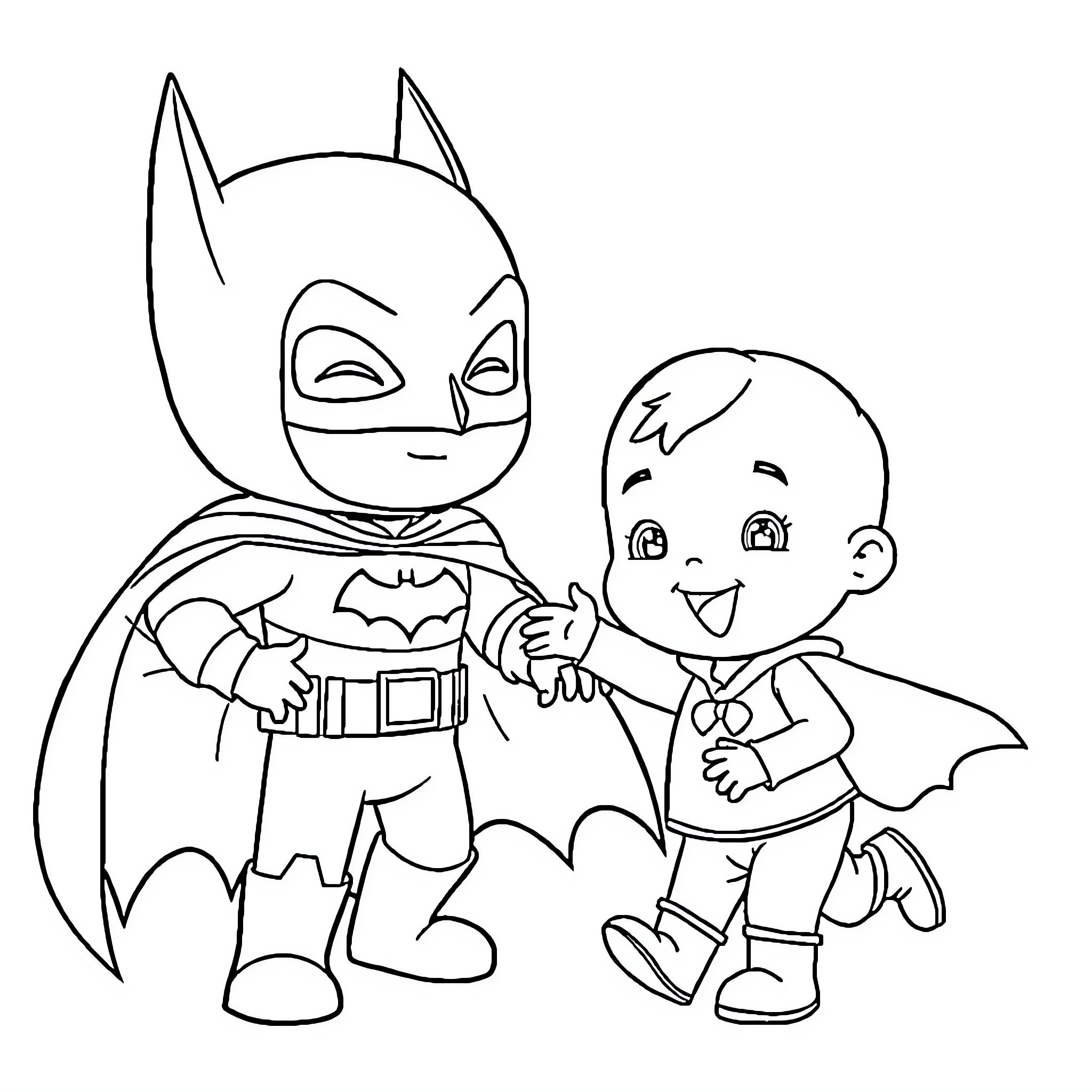 Pocoyo and Batman playing together happily Coloring Page (free black-and-white line drawing printable PDF for all, from beginners to advanced learners, including children, teens, adults, and seniors)