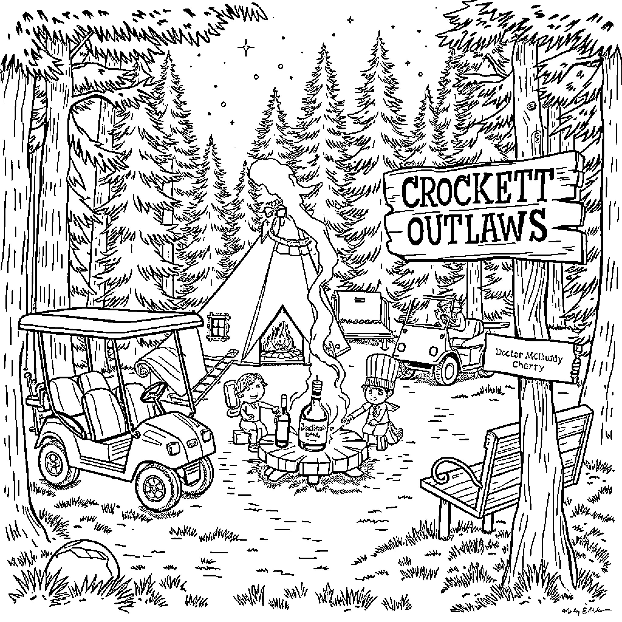 Campground scene with Crockett's Outlaws in the wilderness Coloring Page (free black-and-white line drawing printable PDF for all, from beginners to advanced learners, including children, teens, adults, and seniors)