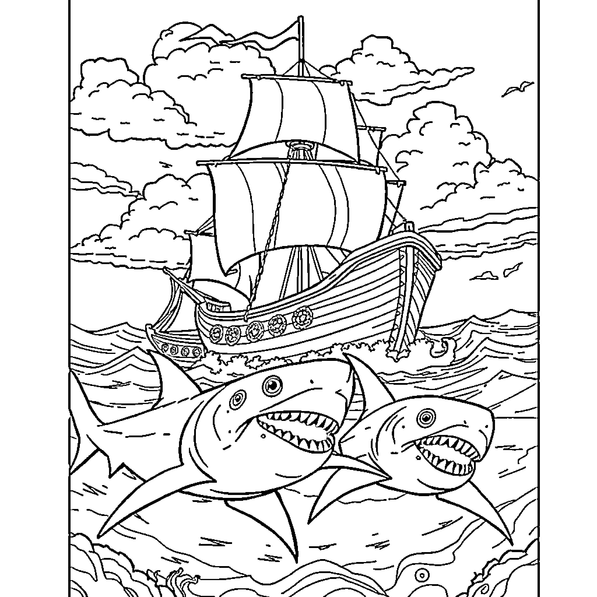 Pirate Ship Sailing Amidst Sharks and Clouds Coloring Page (free black-and-white line drawing printable PDF for all, from beginners to advanced learners, including children, teens, adults, and seniors)