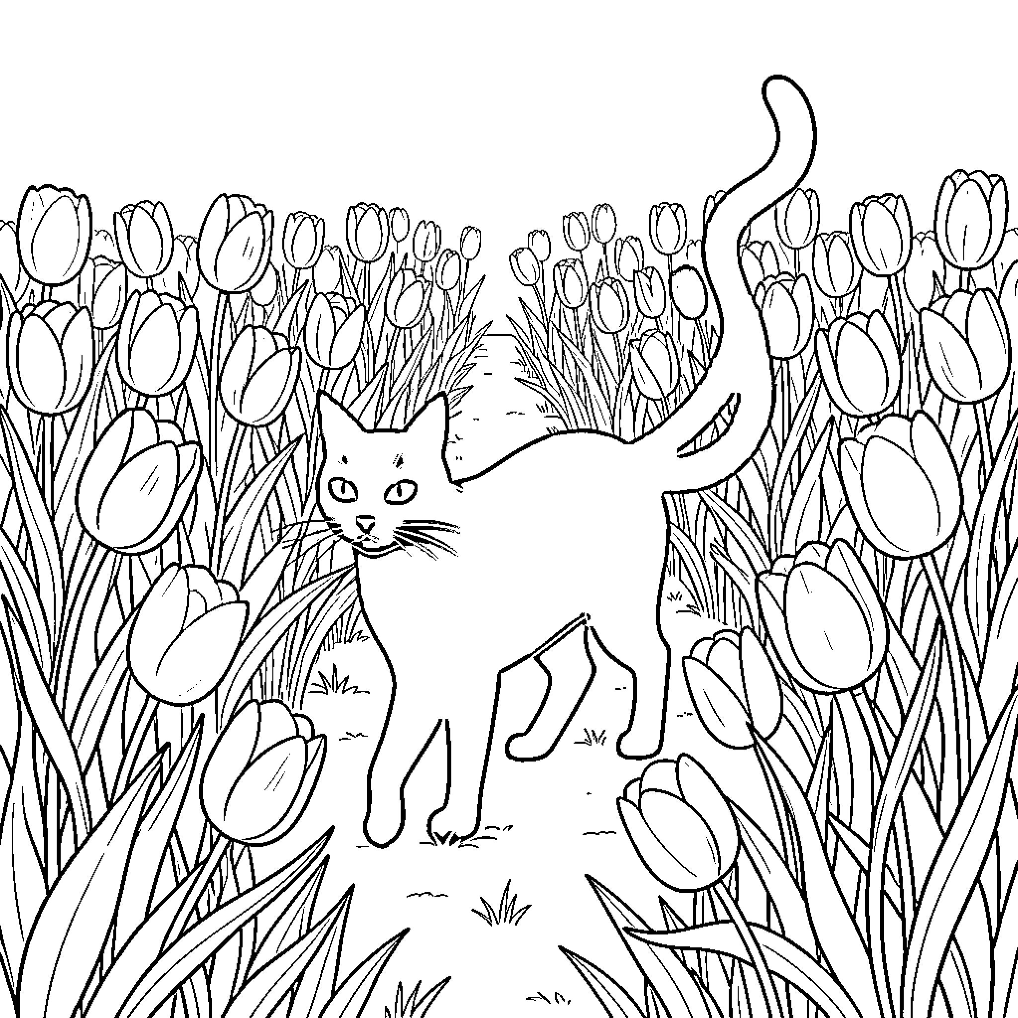 Cat exploring a field of tulips Coloring Page (free black-and-white line drawing printable PDF for all, from beginners to advanced learners, including children, teens, adults, and seniors)