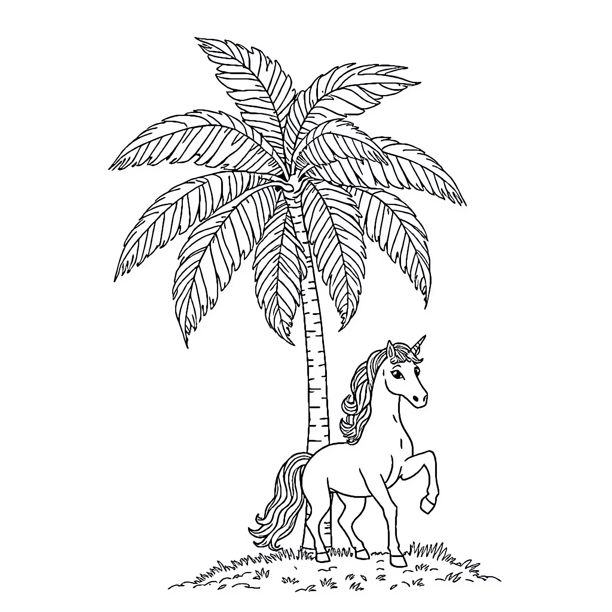 Unicorn frolicking under a palm tree Coloring Page (free black-and-white line drawing printable PDF for all, from beginners to advanced learners, including children, teens, adults, and seniors)
