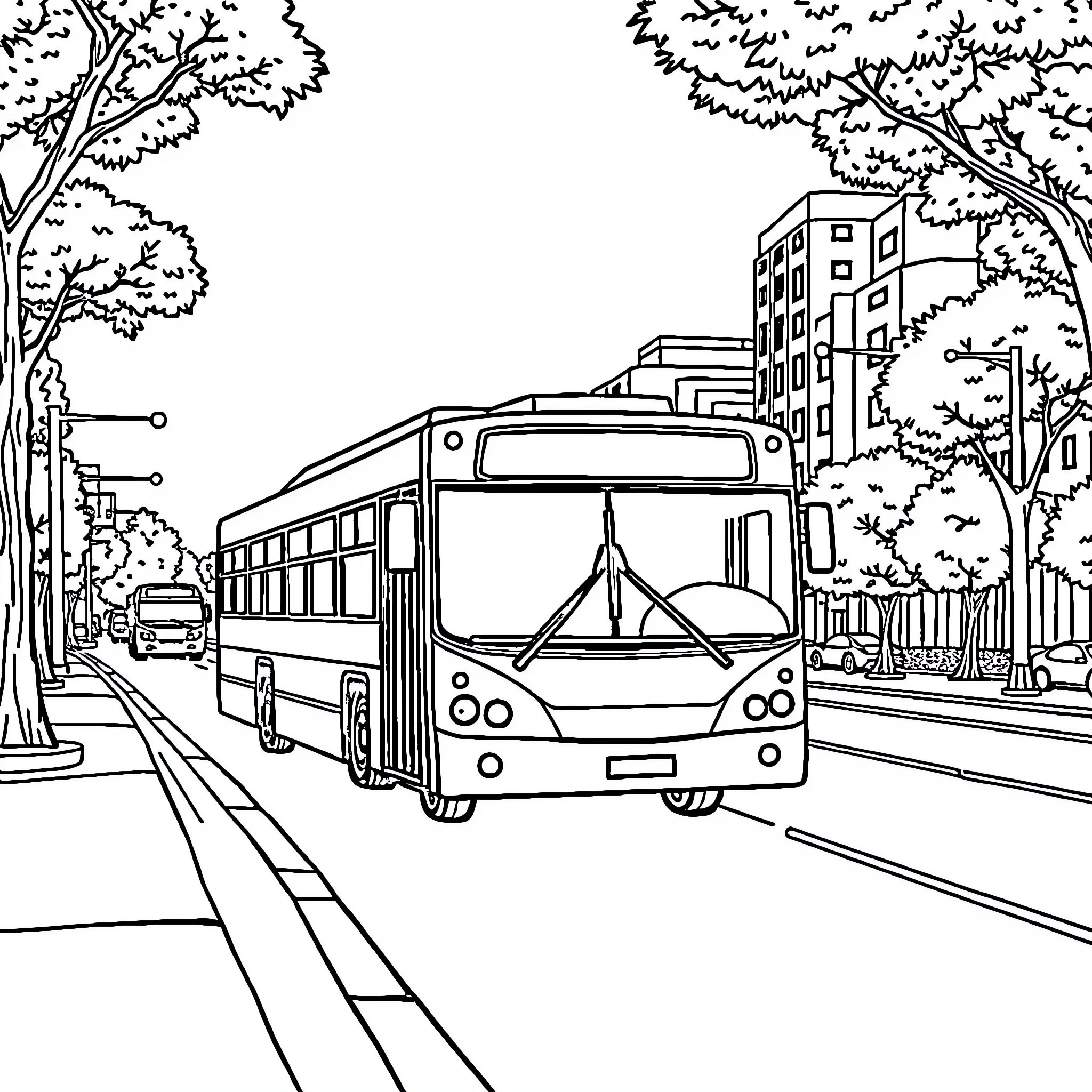 Bus driving through a city street Coloring Page (free black-and-white line drawing printable PDF for all, from beginners to advanced learners, including children, teens, adults, and seniors)