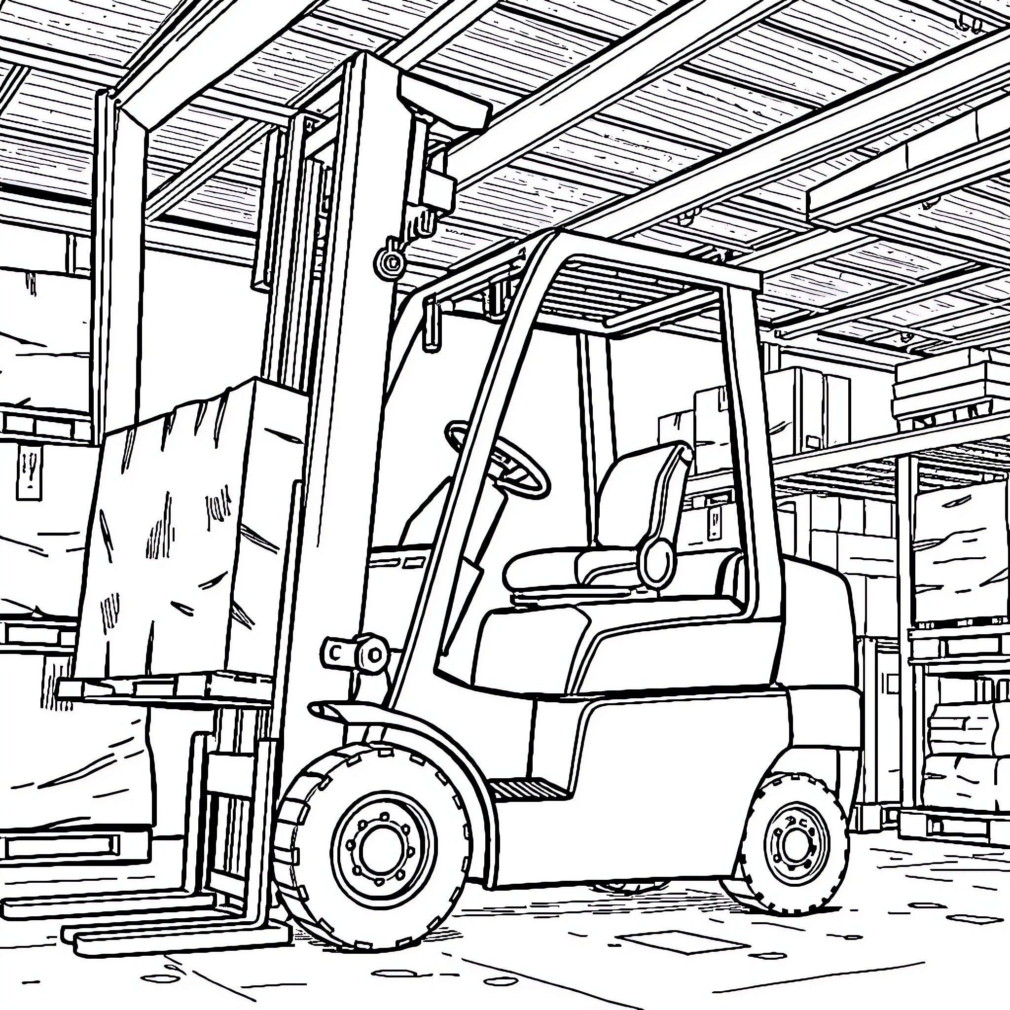 Forklift operating in a warehouse setting Coloring Page (free black-and-white line drawing printable PDF for all, from beginners to advanced learners, including children, teens, adults, and seniors)