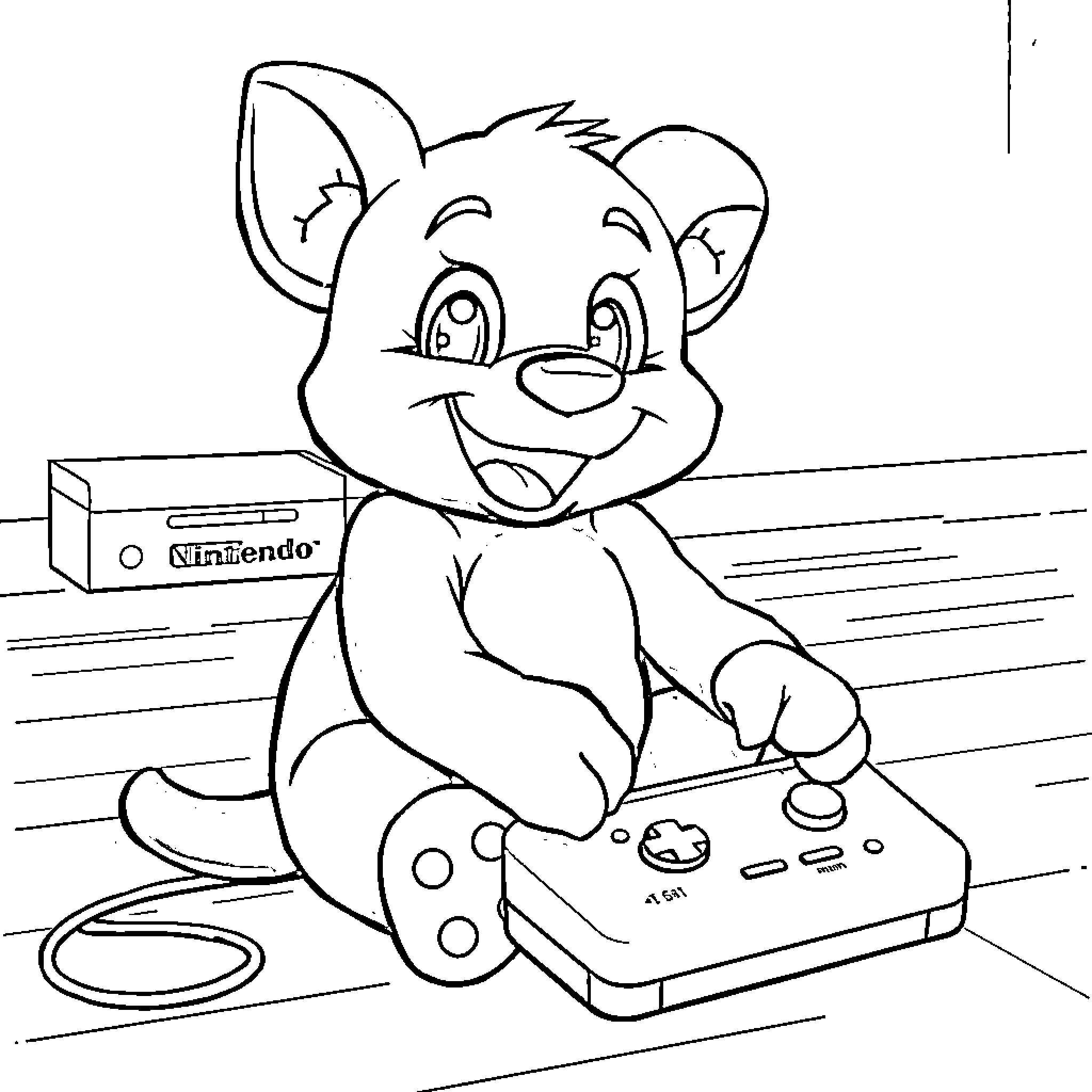 Bluey playing with Nintendo game console Coloring Page (free black-and-white line drawing printable PDF for all, from beginners to advanced learners, including children, teens, adults, and seniors)