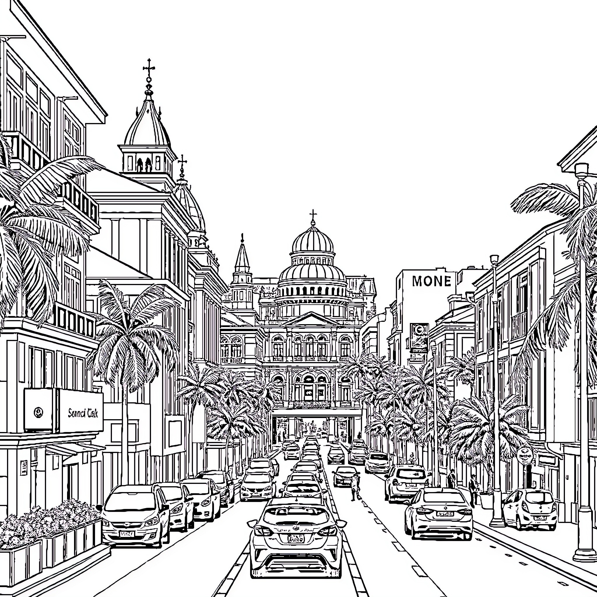 City with bustling streets and iconic architecture Coloring Page (free black-and-white line drawing printable PDF for all, from beginners to advanced learners, including children, teens, adults, and seniors)