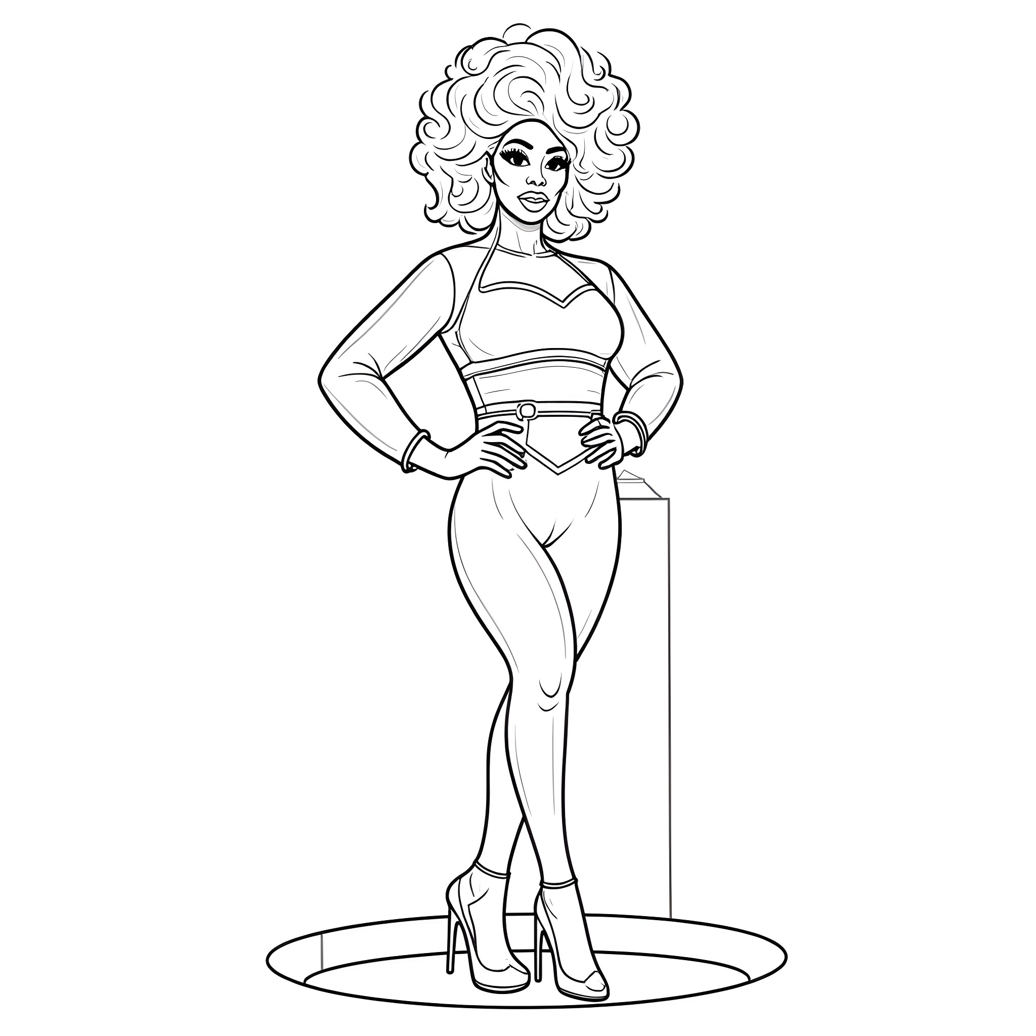 RuPaul posing confidently in glamorous outfit Coloring Page (free black-and-white line drawing printable PDF for all, from beginners to advanced learners, including children, teens, adults, and seniors)