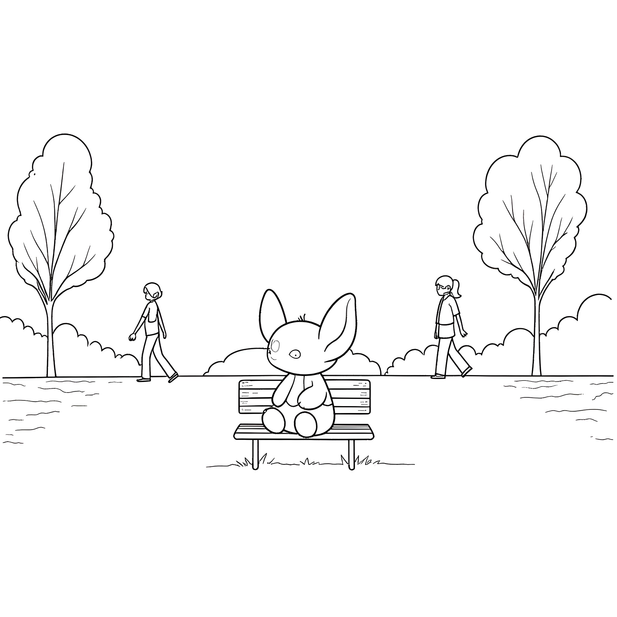 Stitch sitting on bench in park with people walking Coloring Page (free black-and-white line drawing printable PDF for all, from beginners to advanced learners, including children, teens, adults, and seniors)