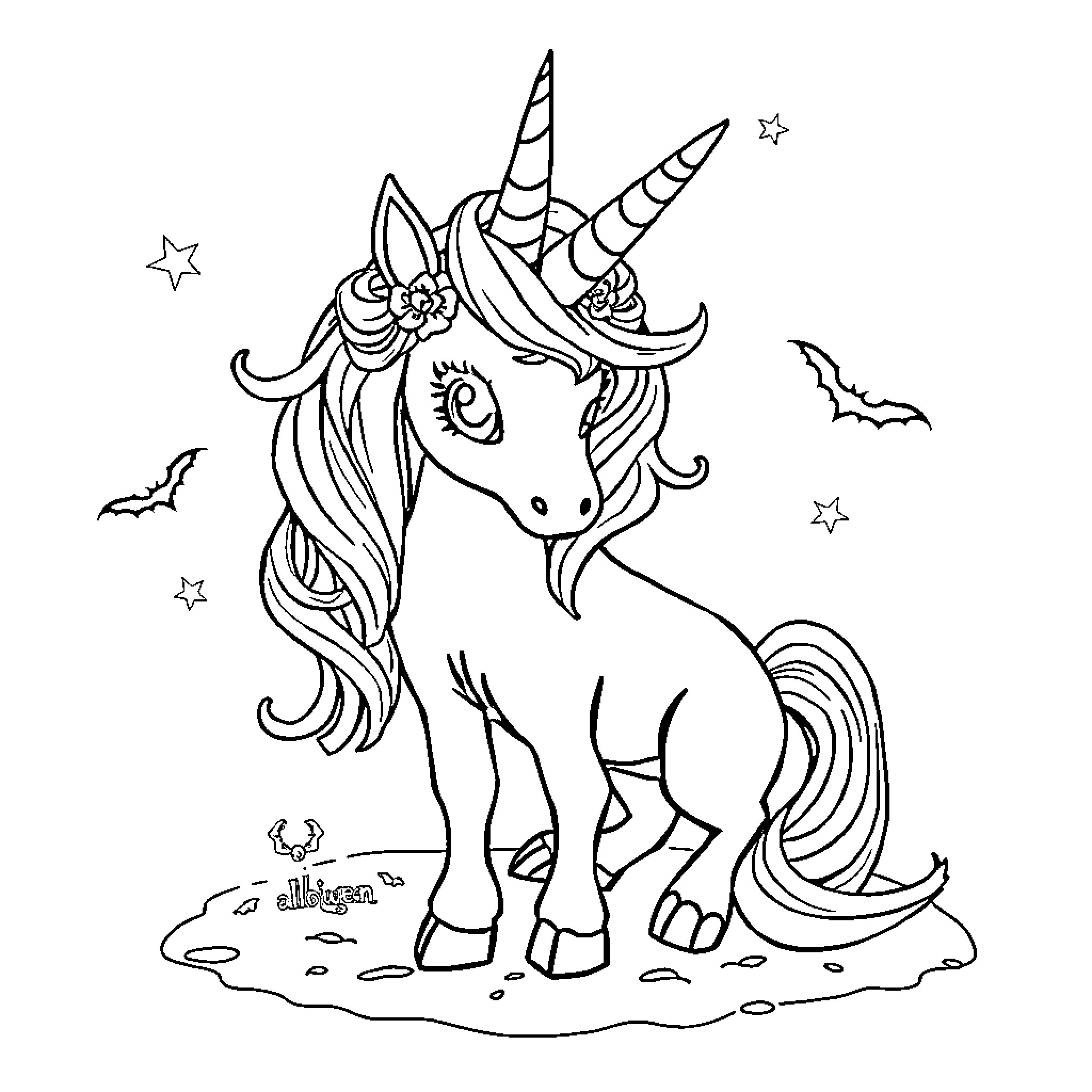 Unicorn with magical accoutrements in starry night Coloring Page (free black-and-white line drawing printable PDF for all, from beginners to advanced learners, including children, teens, adults, and seniors)