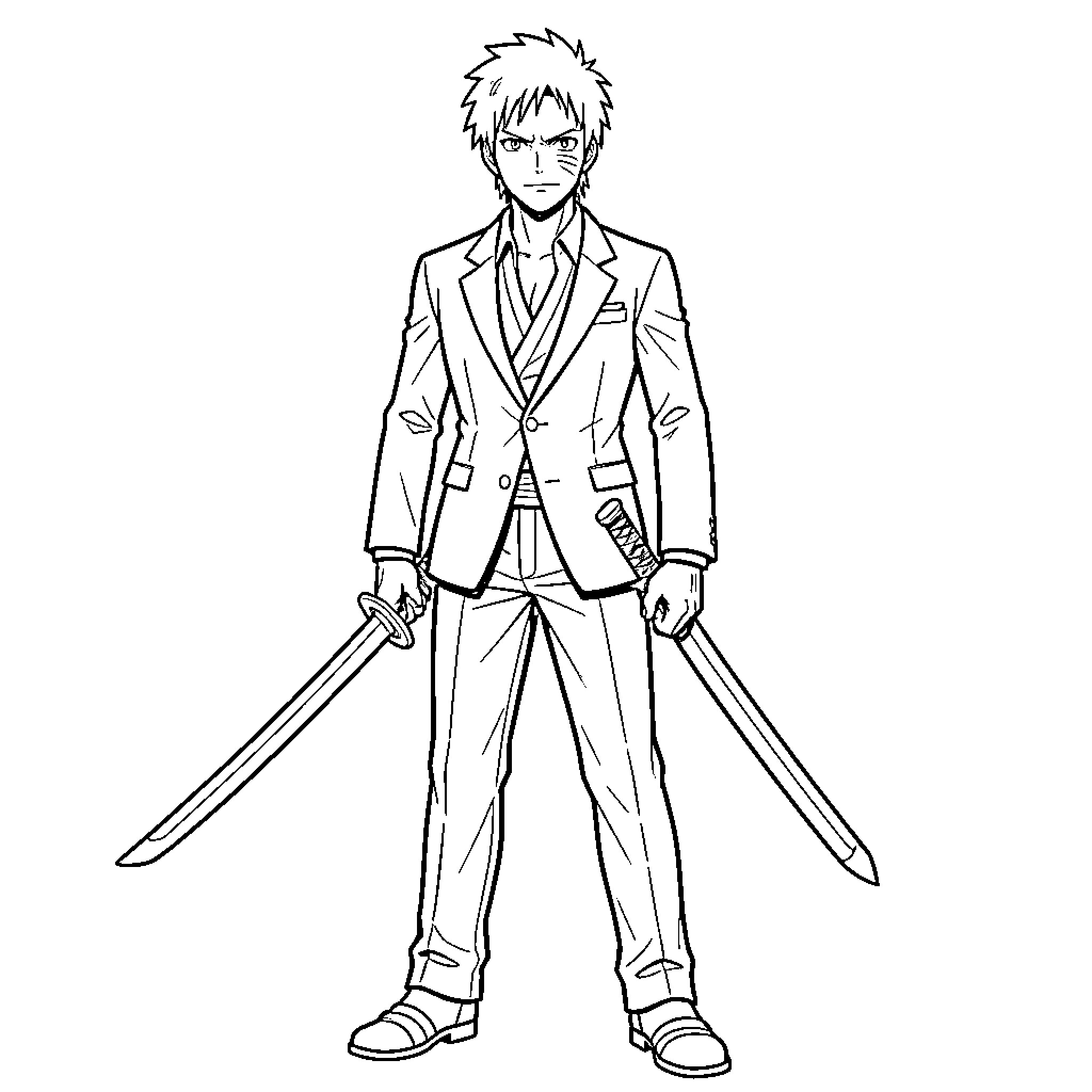 Roronoa Zoro wielding swords in a formal outfit Coloring Page (free black-and-white line drawing printable PDF for all, from beginners to advanced learners, including children, teens, adults, and seniors)