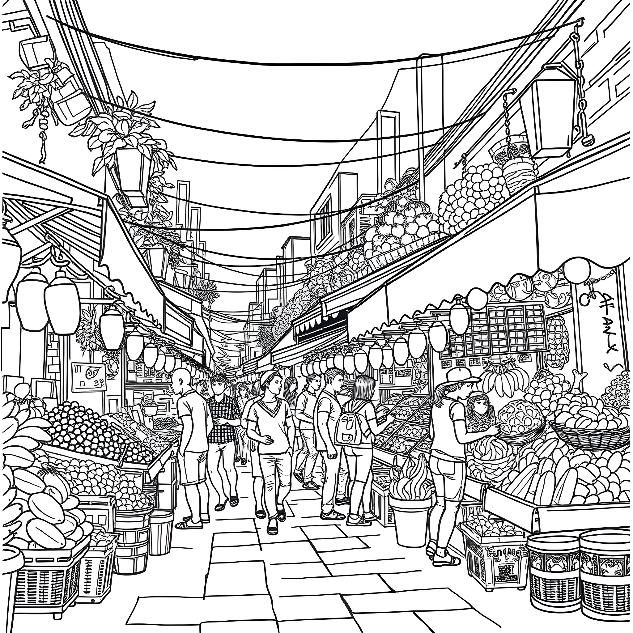 Sesame Street Market with Vibrant Scenes and Bustling Crowds Coloring Page (free black-and-white line drawing printable PDF for all, from beginners to advanced learners, including children, teens, adults, and seniors)