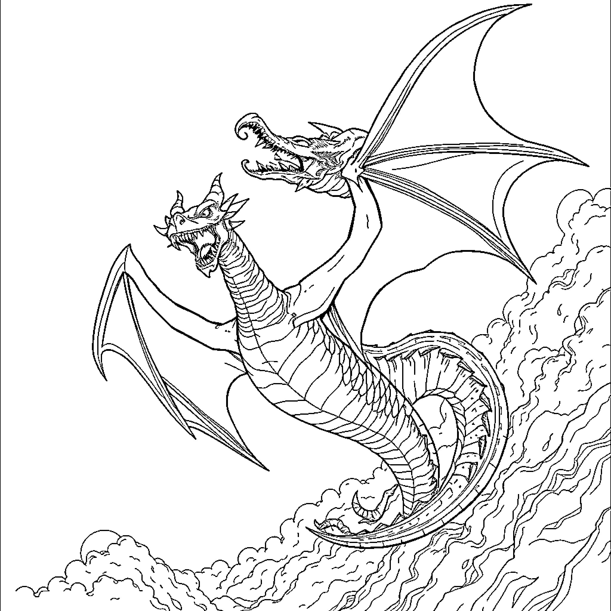 Dragon soaring through the clouds with fierce expression Coloring Page (free black-and-white line drawing printable PDF for all, from beginners to advanced learners, including children, teens, adults, and seniors)