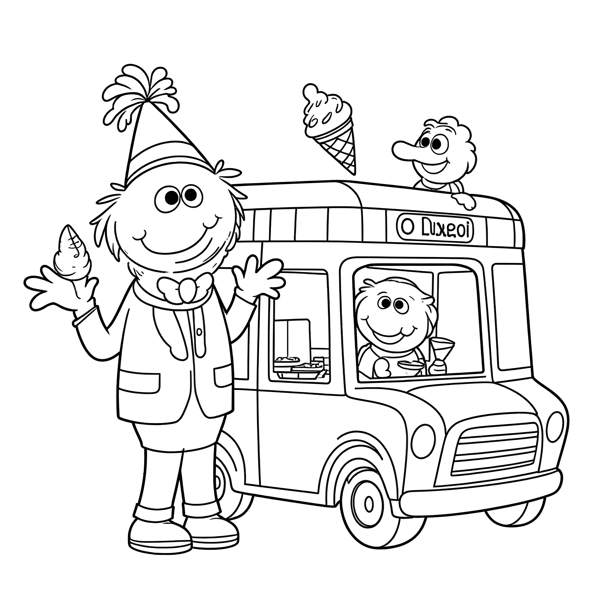 Bert and Ernie's Fun Day at the Ice Cream Truck Coloring Page (free black-and-white line drawing printable PDF for all, from beginners to advanced learners, including children, teens, adults, and seniors)