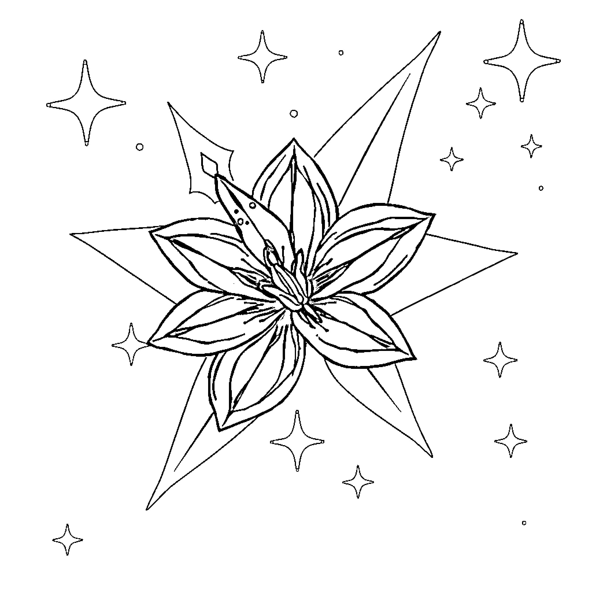 Flower Blooming Amidst Sparkling Stars Coloring Page (free black-and-white line drawing printable PDF for all, from beginners to advanced learners, including children, teens, adults, and seniors)