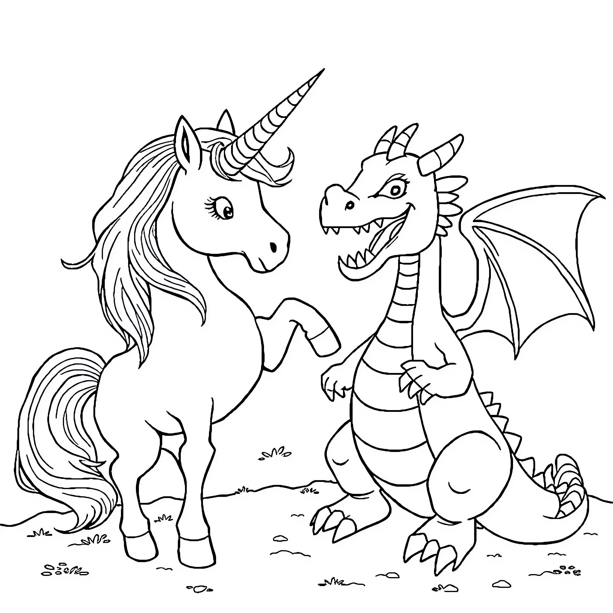 Unicorn and dragon playing together in a field Coloring Page (free black-and-white line drawing printable PDF for all, from beginners to advanced learners, including children, teens, adults, and seniors)