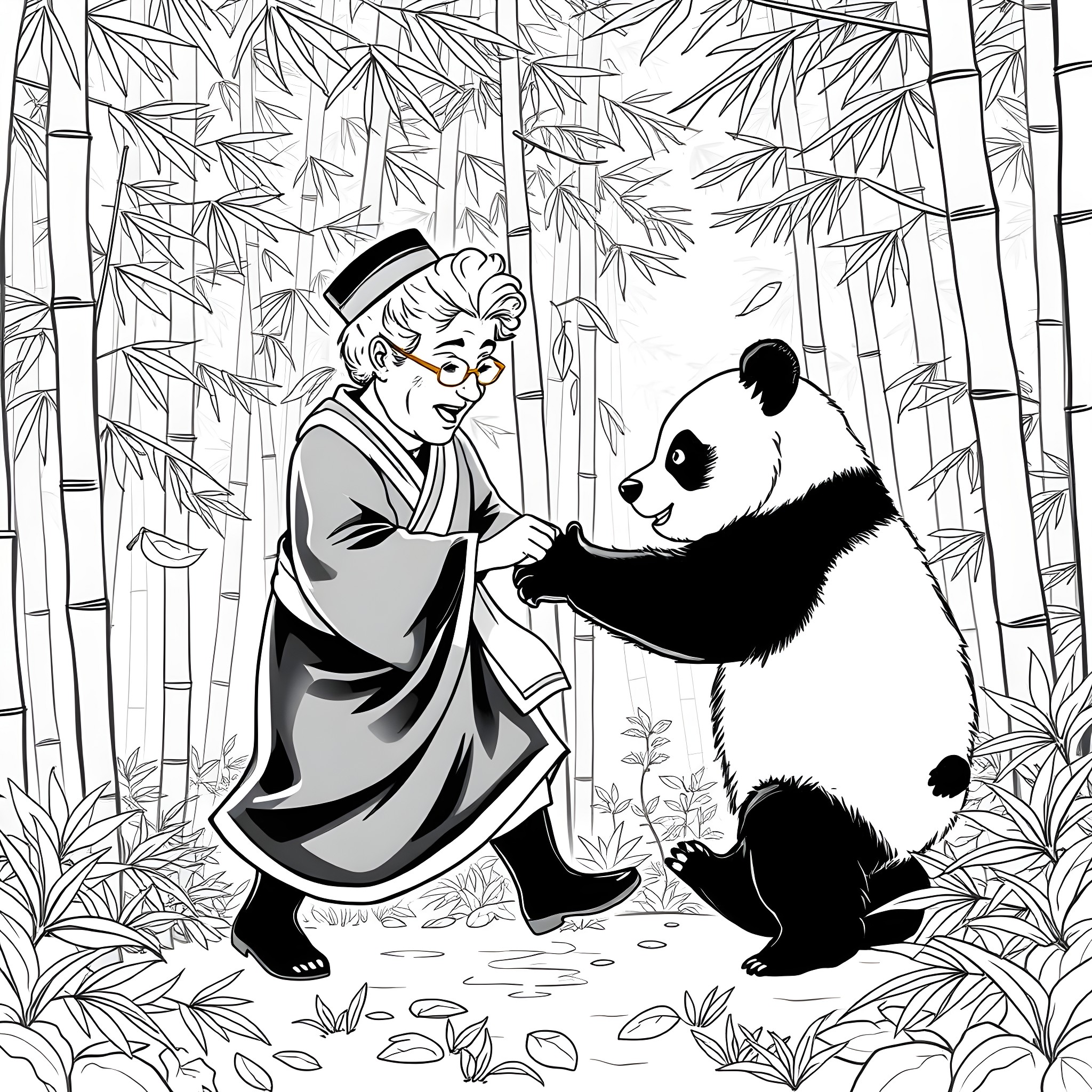 Grandma Helping Panda in Bamboo Forest Coloring Page (free black-and-white line drawing printable PDF for all, from beginners to advanced learners, including children, teens, adults, and seniors)