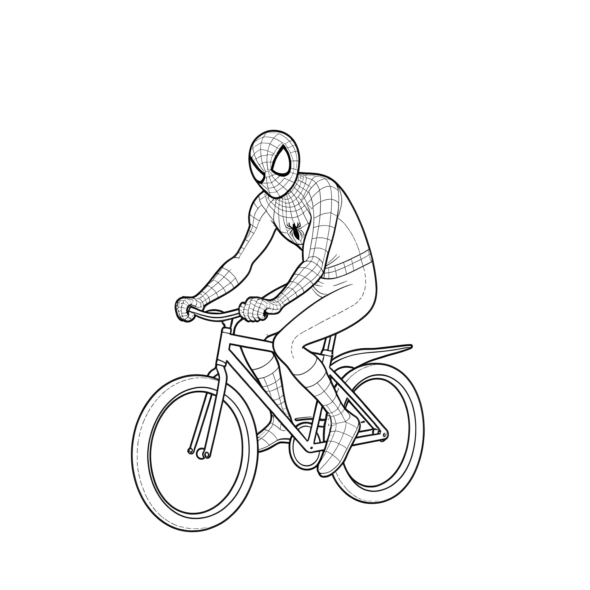 Spiderman riding a bicycle Coloring Page (free black-and-white line drawing printable PDF for all, from beginners to advanced learners, including children, teens, adults, and seniors)