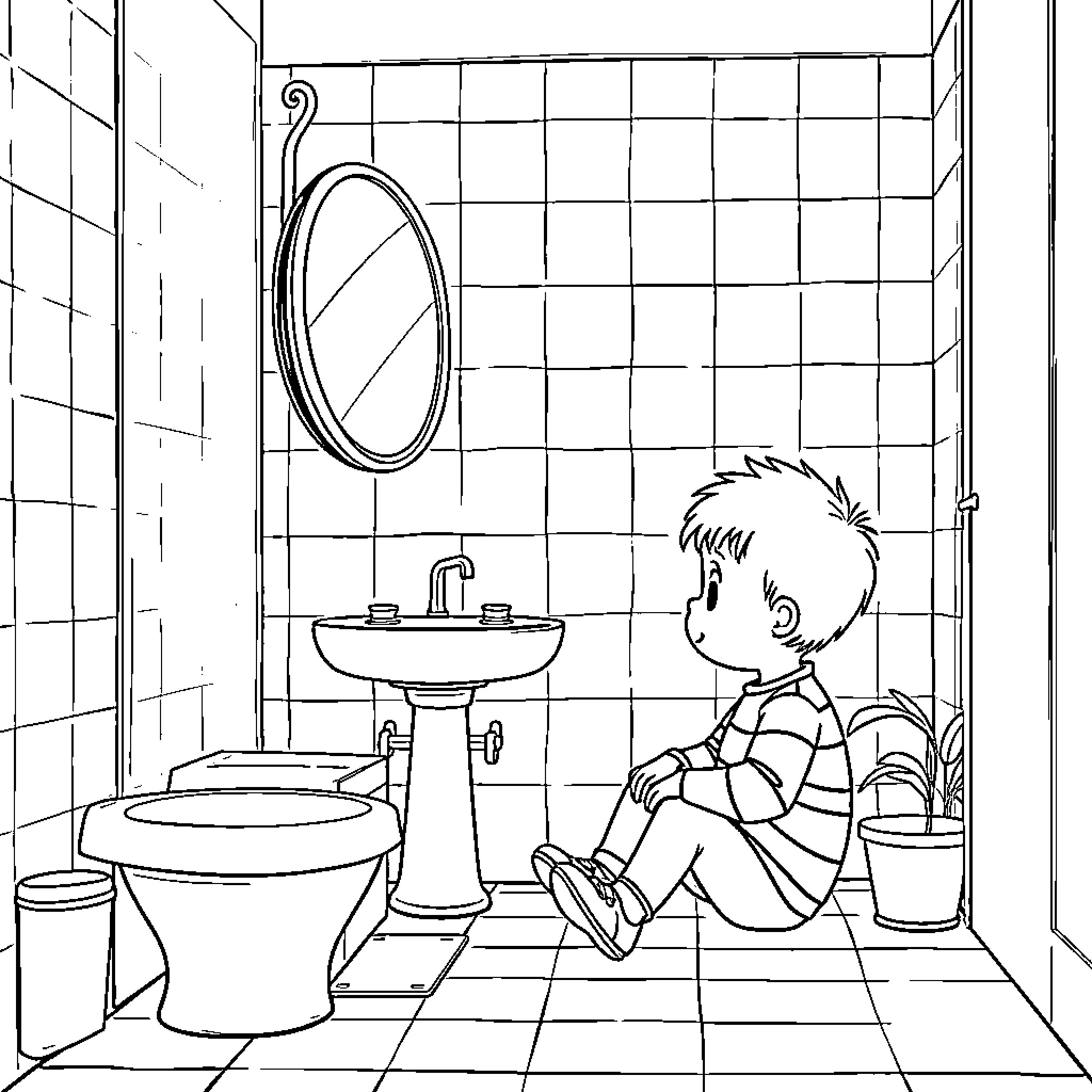 Charlie's Bathroom Adventure Coloring Page (free black-and-white line drawing printable PDF for all, from beginners to advanced learners, including children, teens, adults, and seniors)