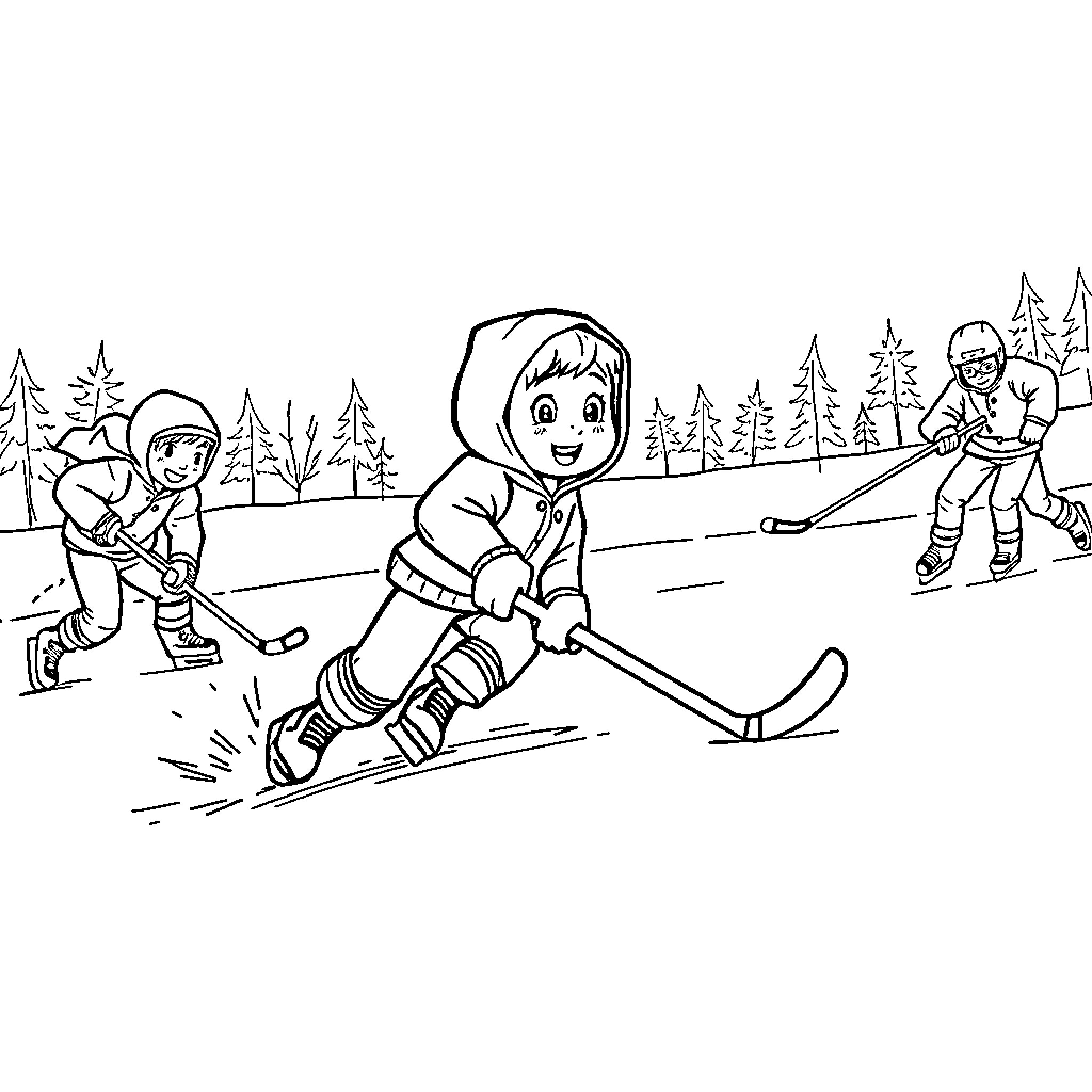 Hood Figures Enjoying Winter Sports on Snowy Trail Coloring Page (free black-and-white line drawing printable PDF for all, from beginners to advanced learners, including children, teens, adults, and seniors)