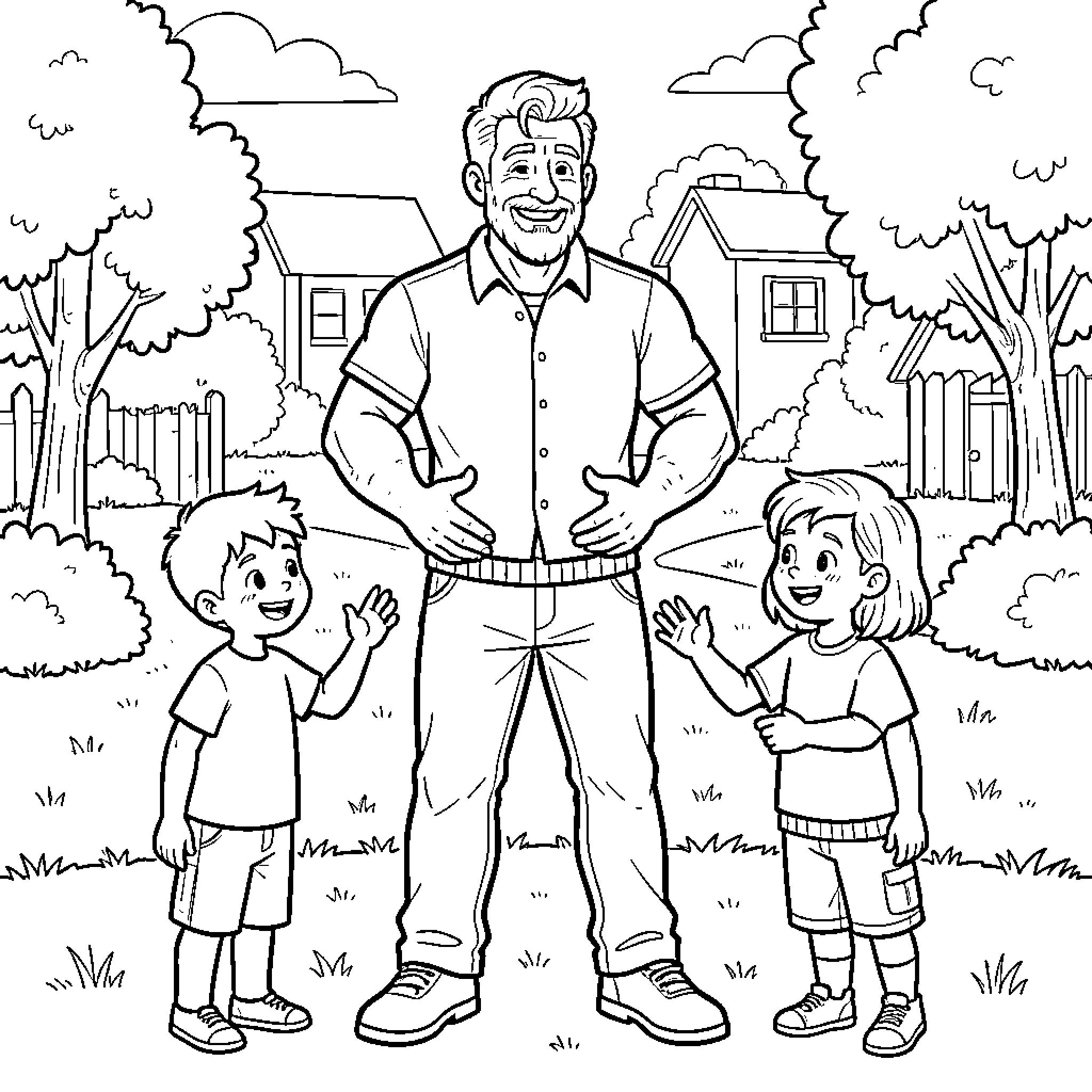 Daddy standing happily with his two children Coloring Page (free black-and-white line drawing printable PDF for all, from beginners to advanced learners, including children, teens, adults, and seniors)