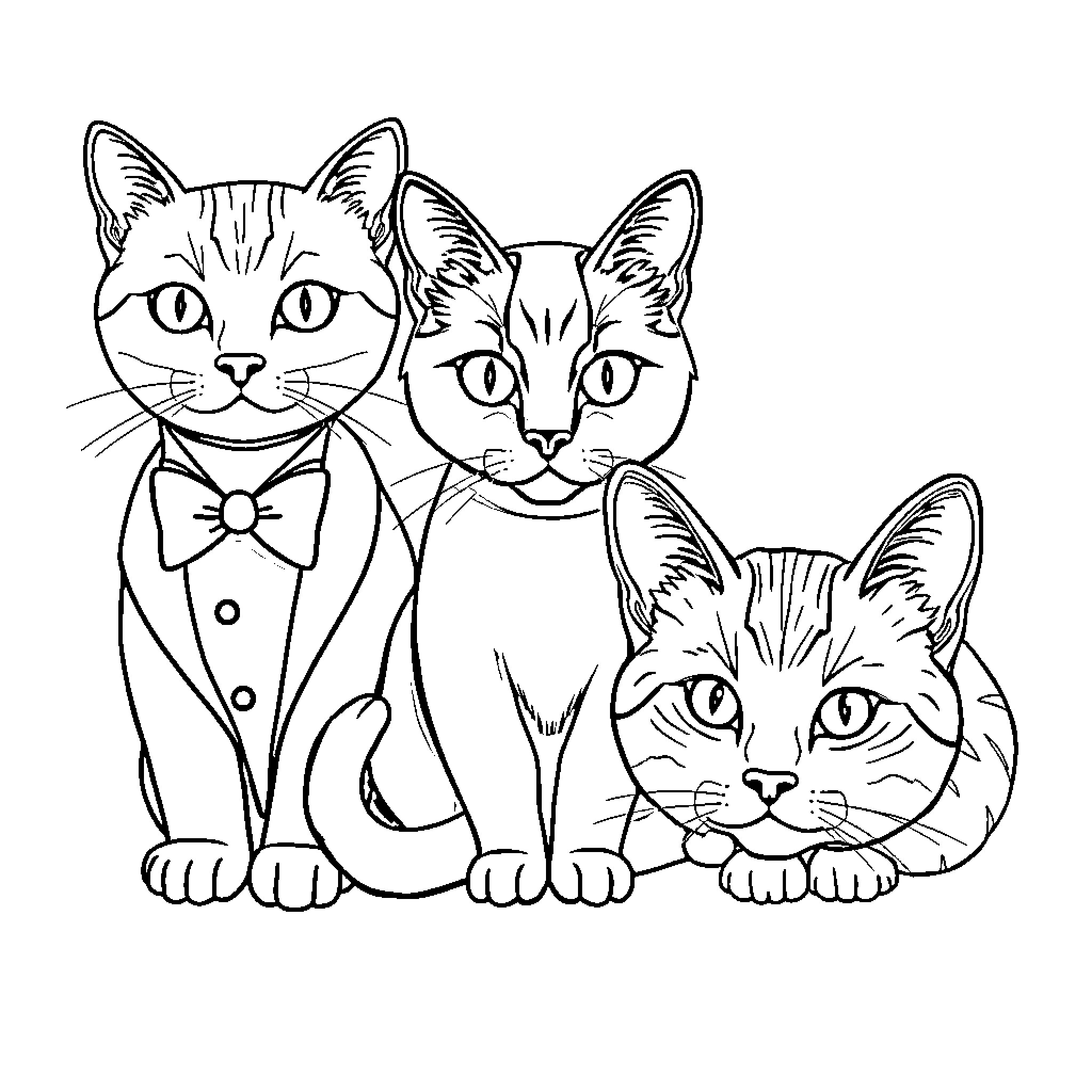 Cat trio in stylish outfits Coloring Page (free black-and-white line drawing printable PDF for all, from beginners to advanced learners, including children, teens, adults, and seniors)