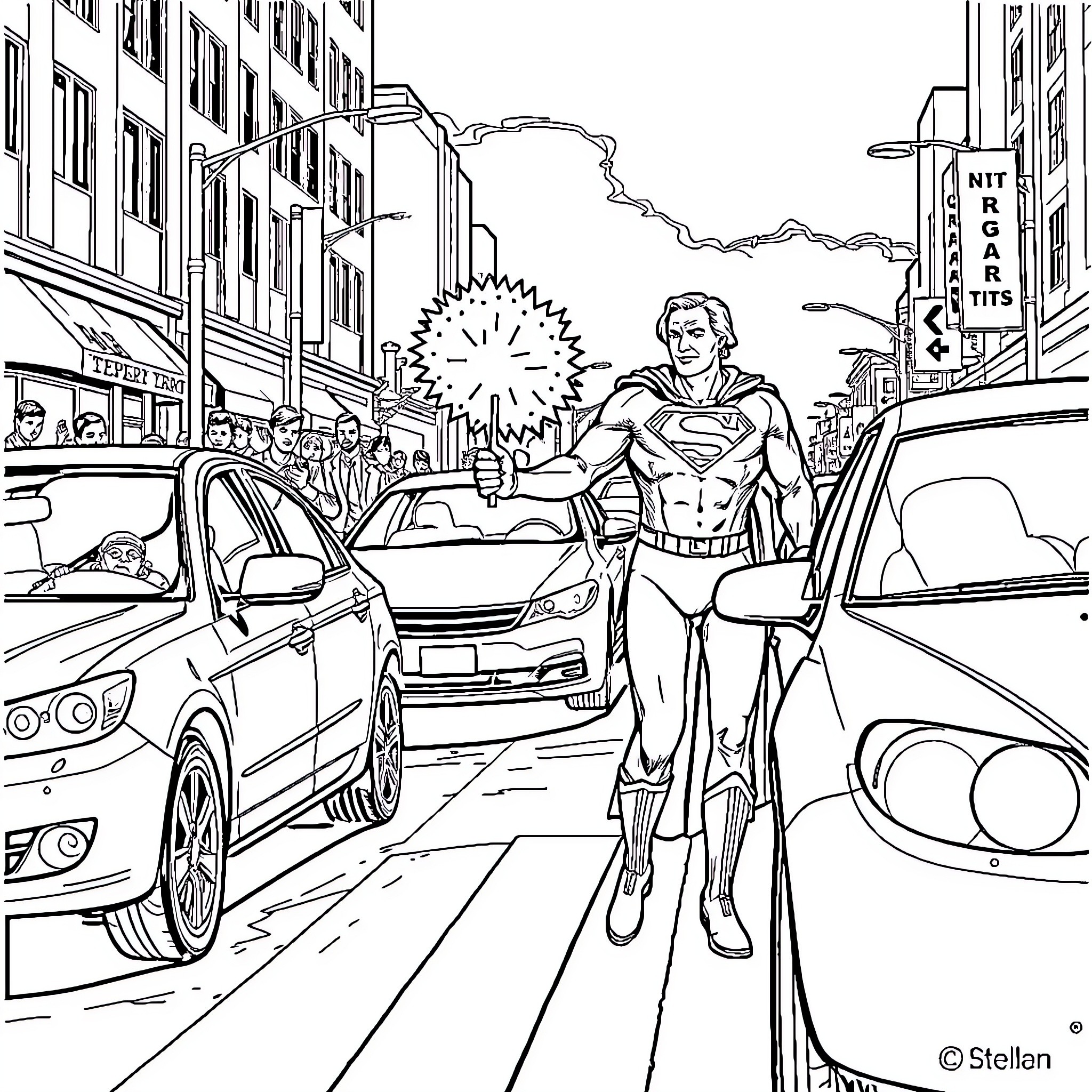 Superman rescuing civilians in the city Coloring Page (free black-and-white line drawing printable PDF for all, from beginners to advanced learners, including children, teens, adults, and seniors)