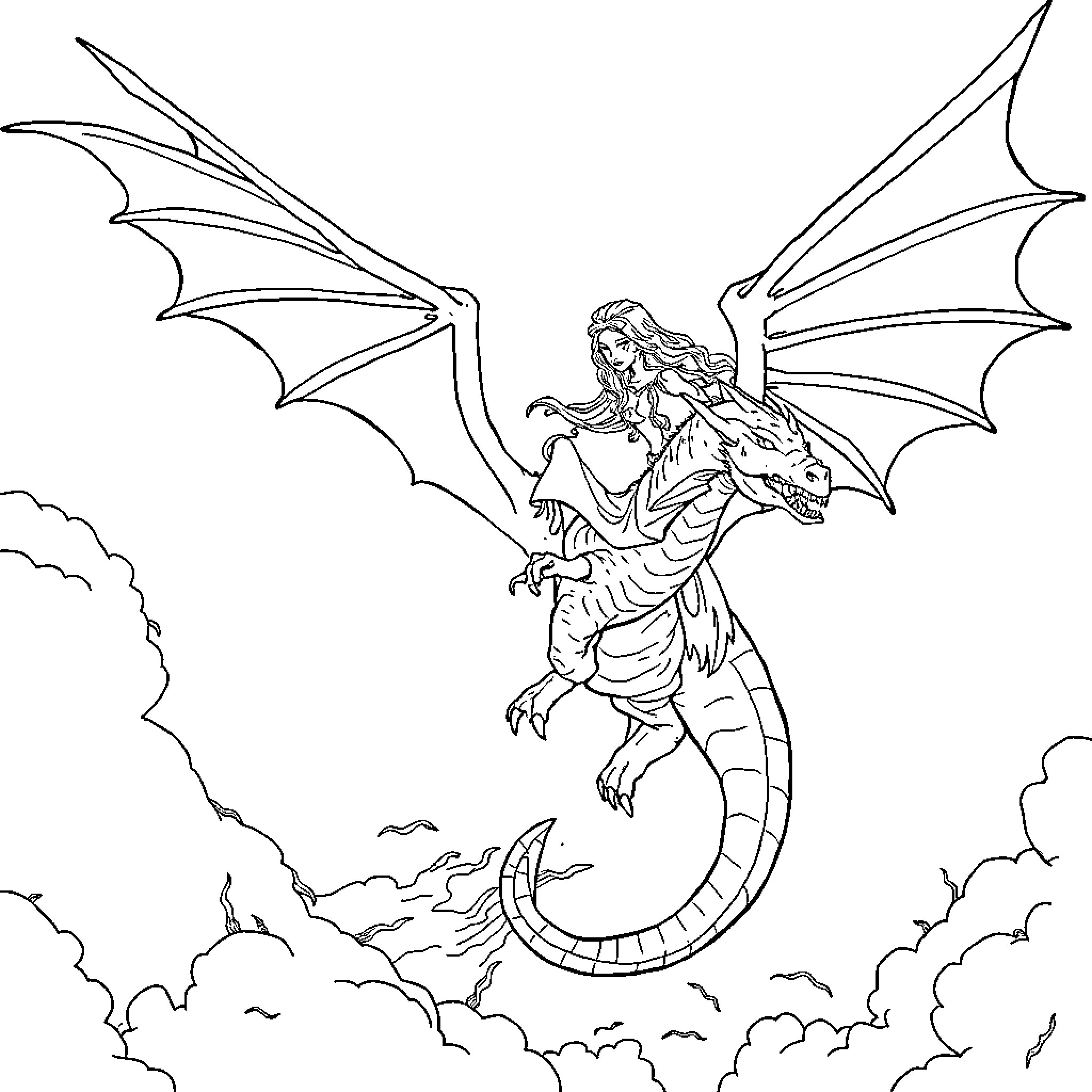 Khaleesi riding a majestic dragon through the sky Coloring Page (free black-and-white line drawing printable PDF for all, from beginners to advanced learners, including children, teens, adults, and seniors)