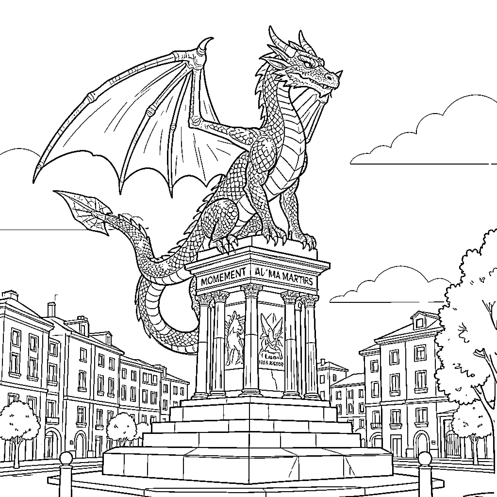 Dragon statue guarding a city square Coloring Page (free black-and-white line drawing printable PDF for all, from beginners to advanced learners, including children, teens, adults, and seniors)