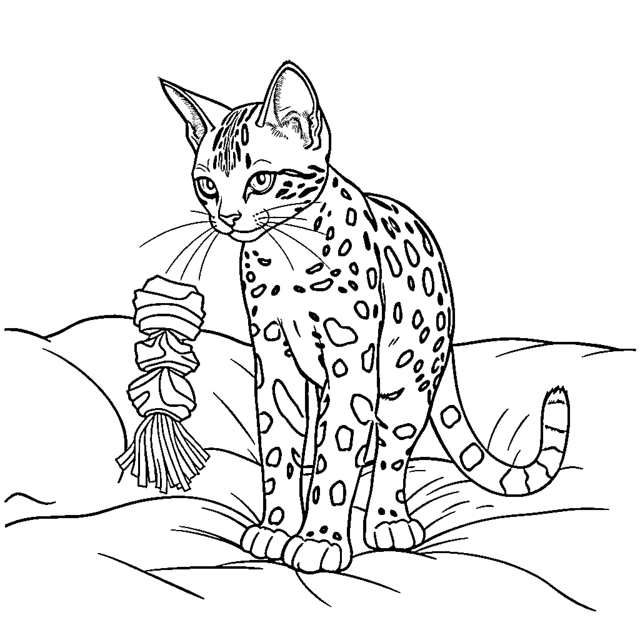 Cat with Intricate Markings in Scenic Setting Coloring Page (free black-and-white line drawing printable PDF for all, from beginners to advanced learners, including children, teens, adults, and seniors)