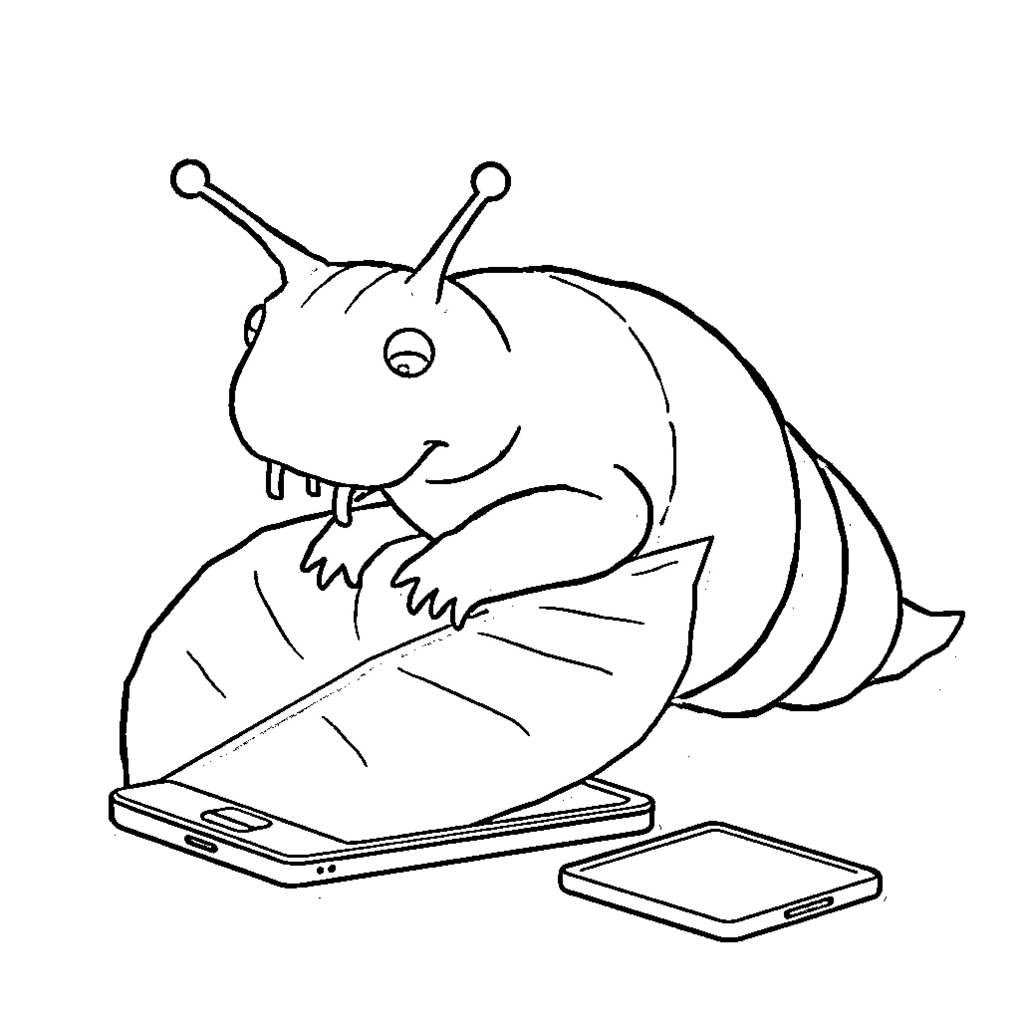 Slug relaxing on smartphones Coloring Page (free black-and-white line drawing printable PDF for all, from beginners to advanced learners, including children, teens, adults, and seniors)