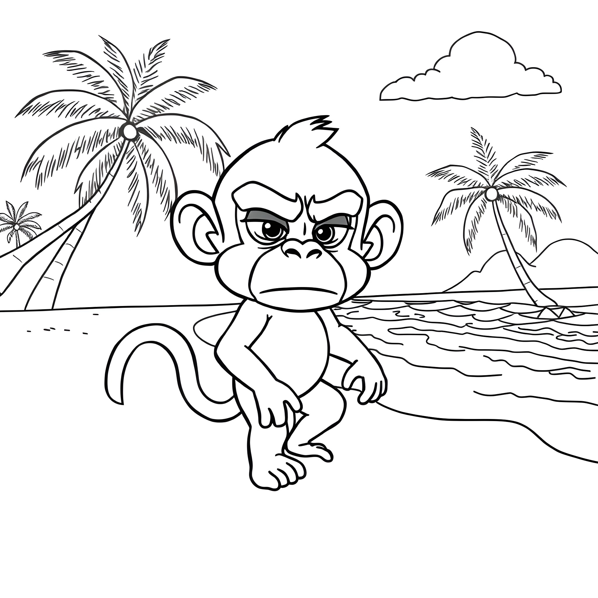 Monkey sitting angrily on a tropical beach Coloring Page (free black-and-white line drawing printable PDF for all, from beginners to advanced learners, including children, teens, adults, and seniors)