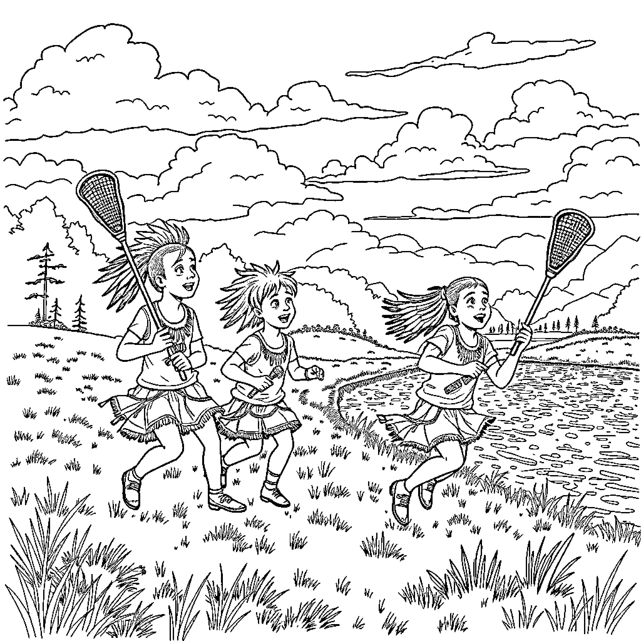 Children exploring outdoors with adventure gear Coloring Page (free black-and-white line drawing printable PDF for all, from beginners to advanced learners, including children, teens, adults, and seniors)