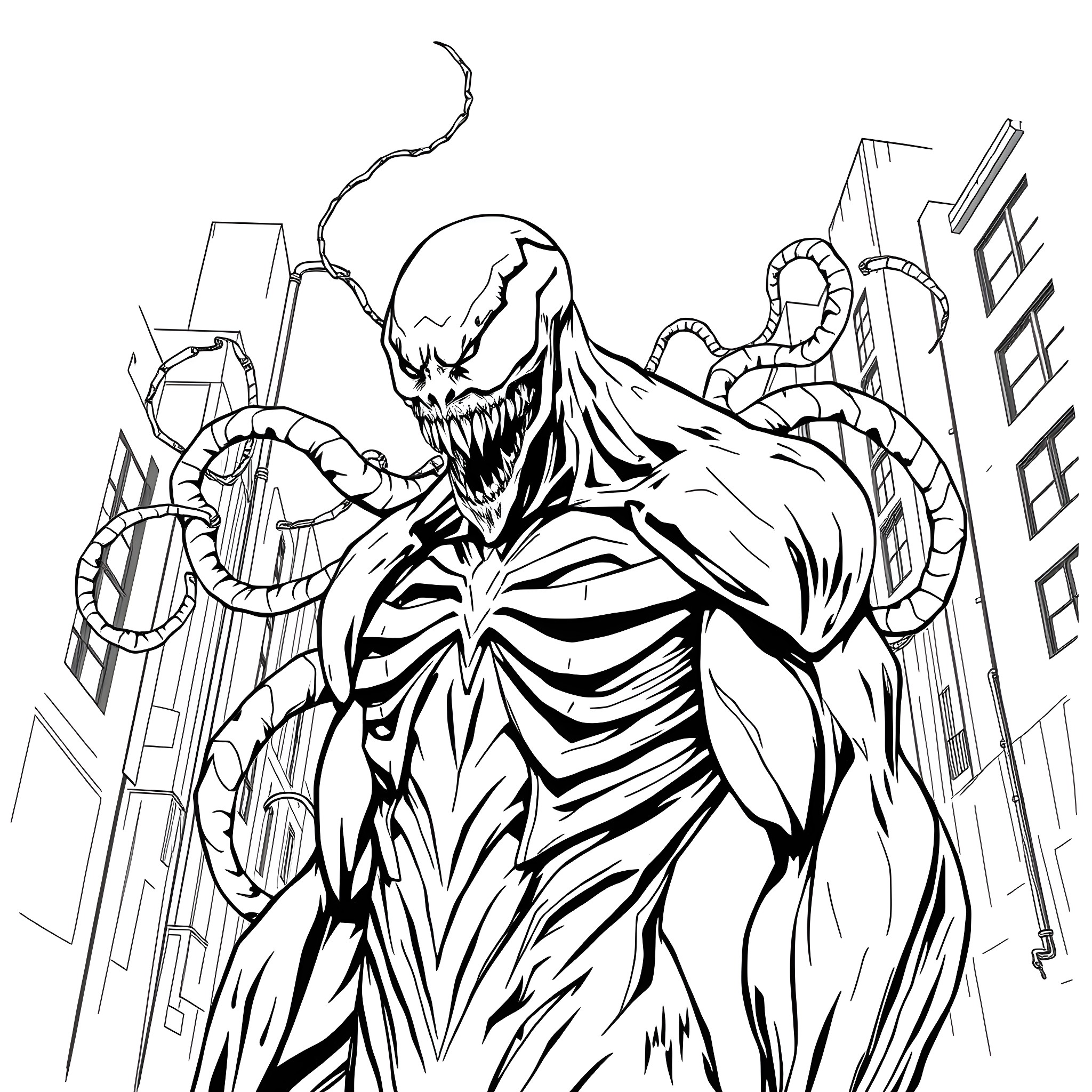 Carnage Unleashed: A Sinister Transformation in the City Coloring Page (free black-and-white line drawing printable PDF for all, from beginners to advanced learners, including children, teens, adults, and seniors)