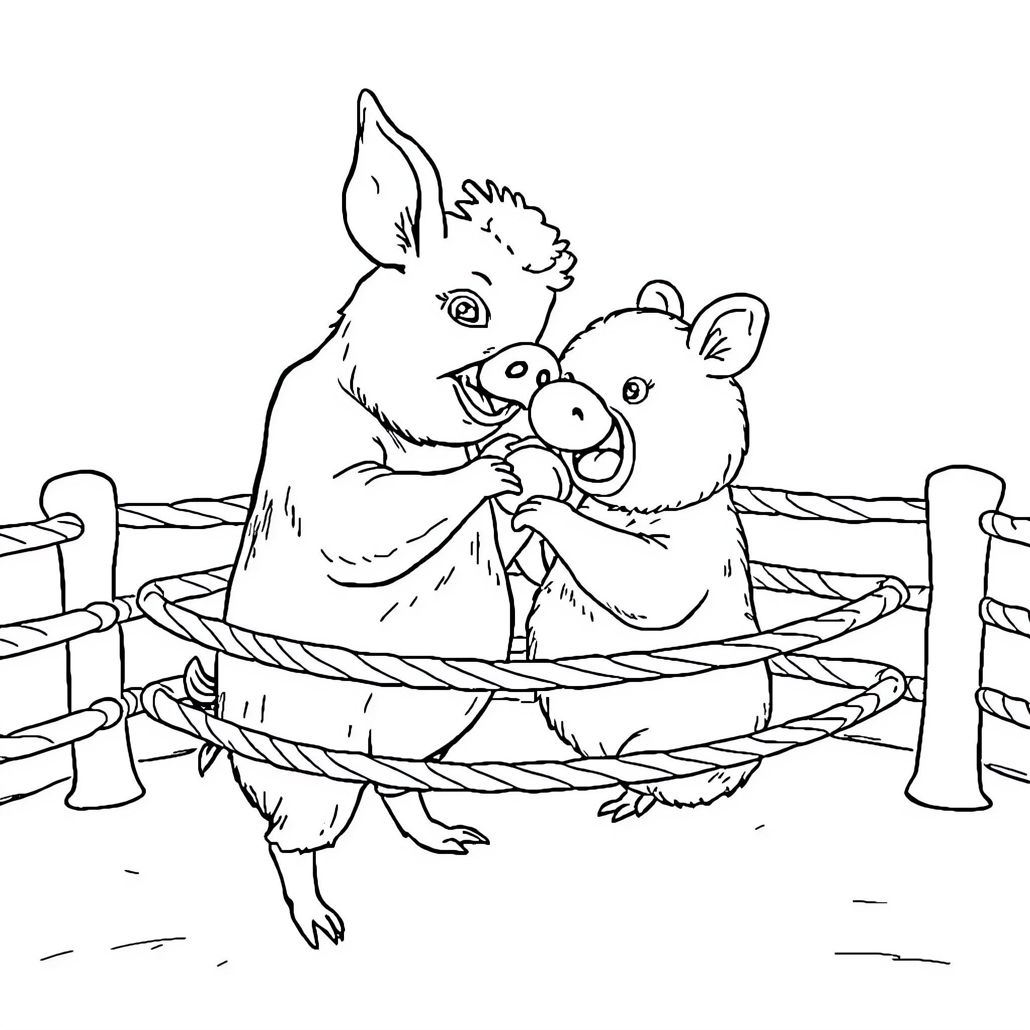 Cochon pigs playing and fighting in a pen Coloring Page (free black-and-white line drawing printable PDF for all, from beginners to advanced learners, including children, teens, adults, and seniors)