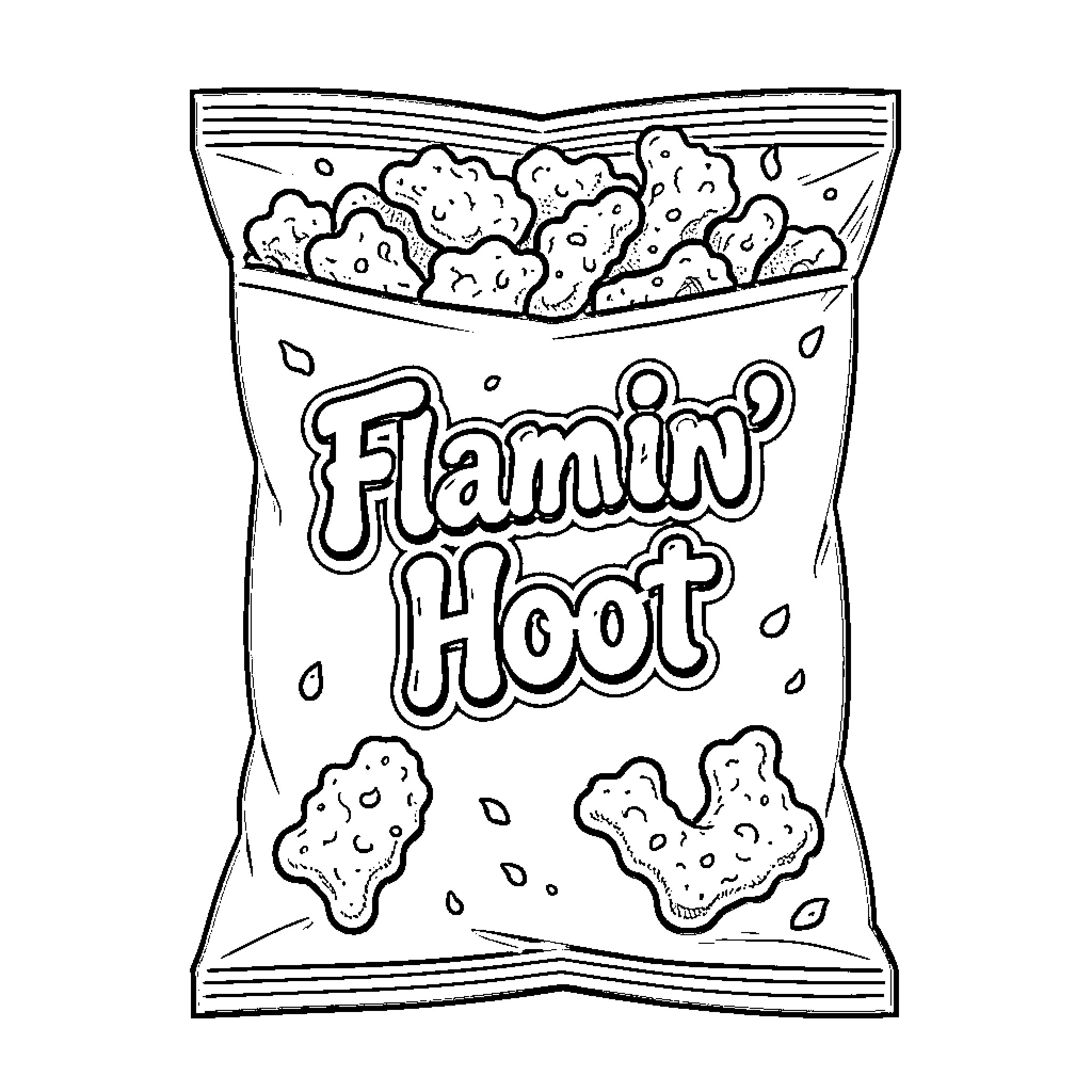 Flamin' Hot Cheetos snack bag in black and white Coloring Page (free black-and-white line drawing printable PDF for all, from beginners to advanced learners, including children, teens, adults, and seniors)