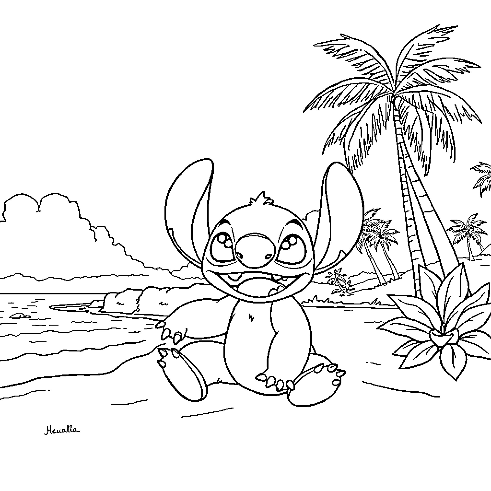Stitch enjoying a tropical beach scene Coloring Page (free black-and-white line drawing printable PDF for all, from beginners to advanced learners, including children, teens, adults, and seniors)