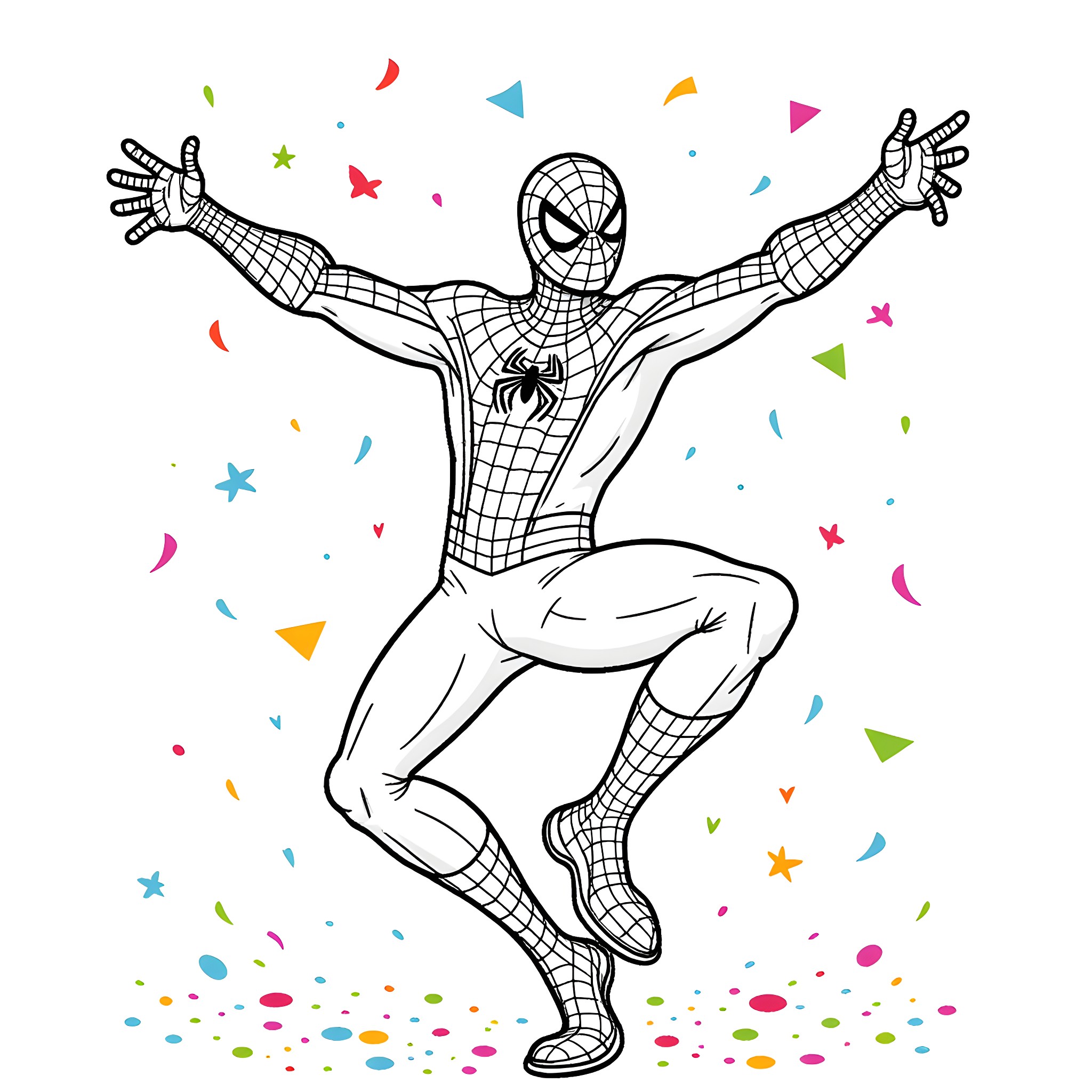 Spider-Man celebrating with colorful confetti Coloring Page (free black-and-white line drawing printable PDF for all, from beginners to advanced learners, including children, teens, adults, and seniors)