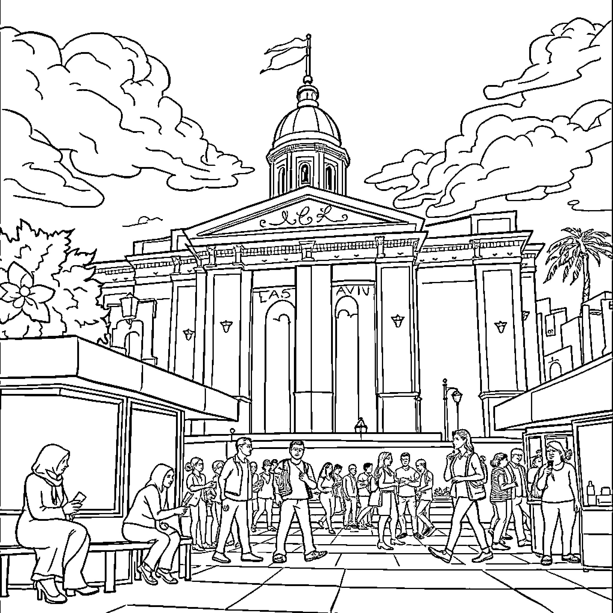 Sign of a Busy City Courthouse with Crowds Coloring Page (free black-and-white line drawing printable PDF for all, from beginners to advanced learners, including children, teens, adults, and seniors)
