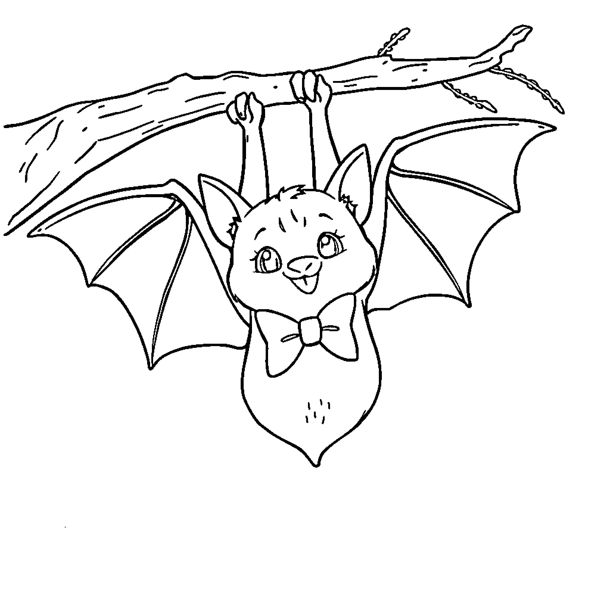 Bat hanging upside down adorably Coloring Page (free black-and-white line drawing printable PDF for all, from beginners to advanced learners, including children, teens, adults, and seniors)
