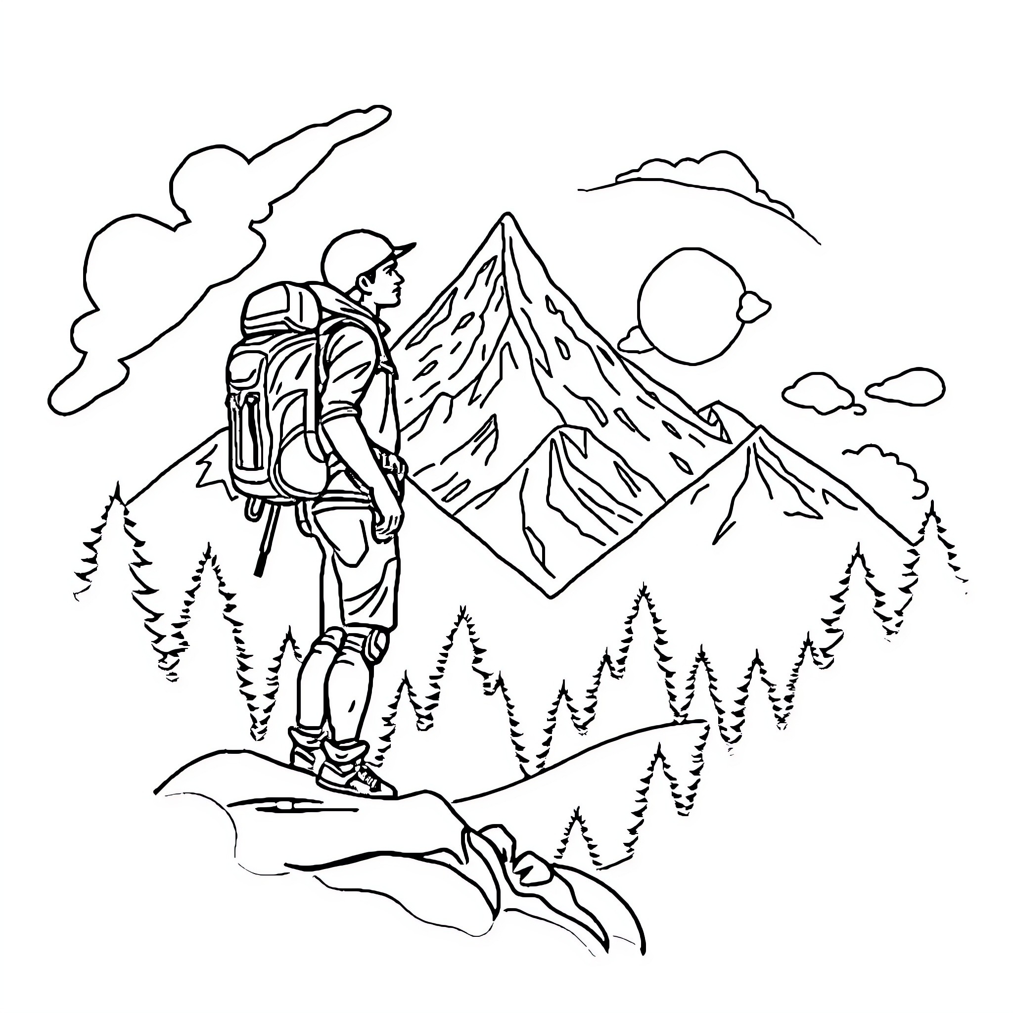 Earth Adventurer Exploring Mountainous Landscape Coloring Page (free black-and-white line drawing printable PDF for all, from beginners to advanced learners, including children, teens, adults, and seniors)